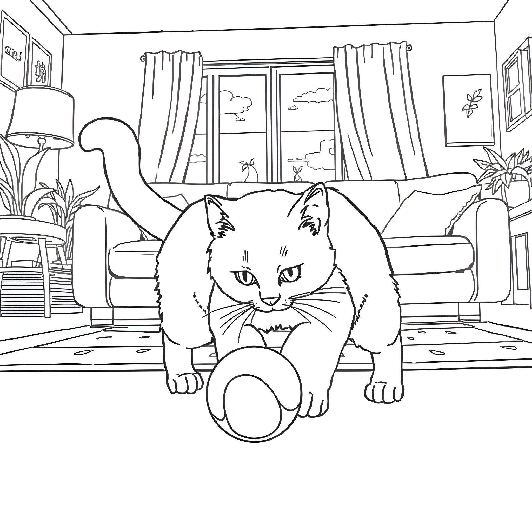 Cat resting on the living room floor Coloring Page (free black-and-white line drawing printable PDF for all, from beginners to advanced learners, including children, teens, adults, and seniors)