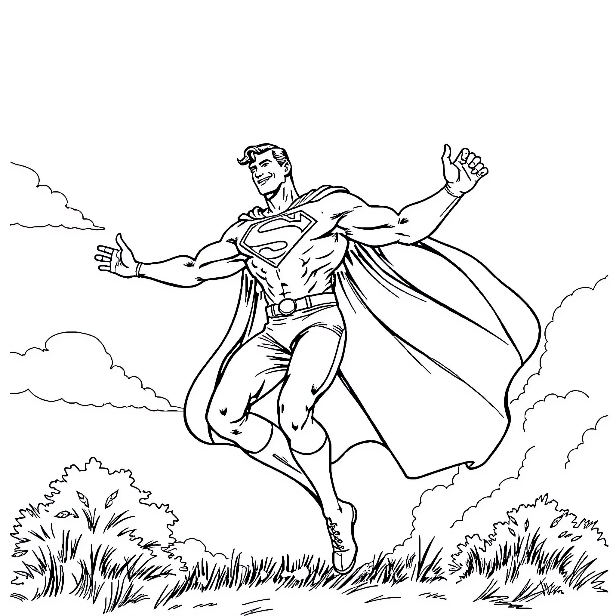 Superman soars through the clouds with outstretched arms Coloring Page (free black-and-white line drawing printable PDF for all, from beginners to advanced learners, including children, teens, adults, and seniors)