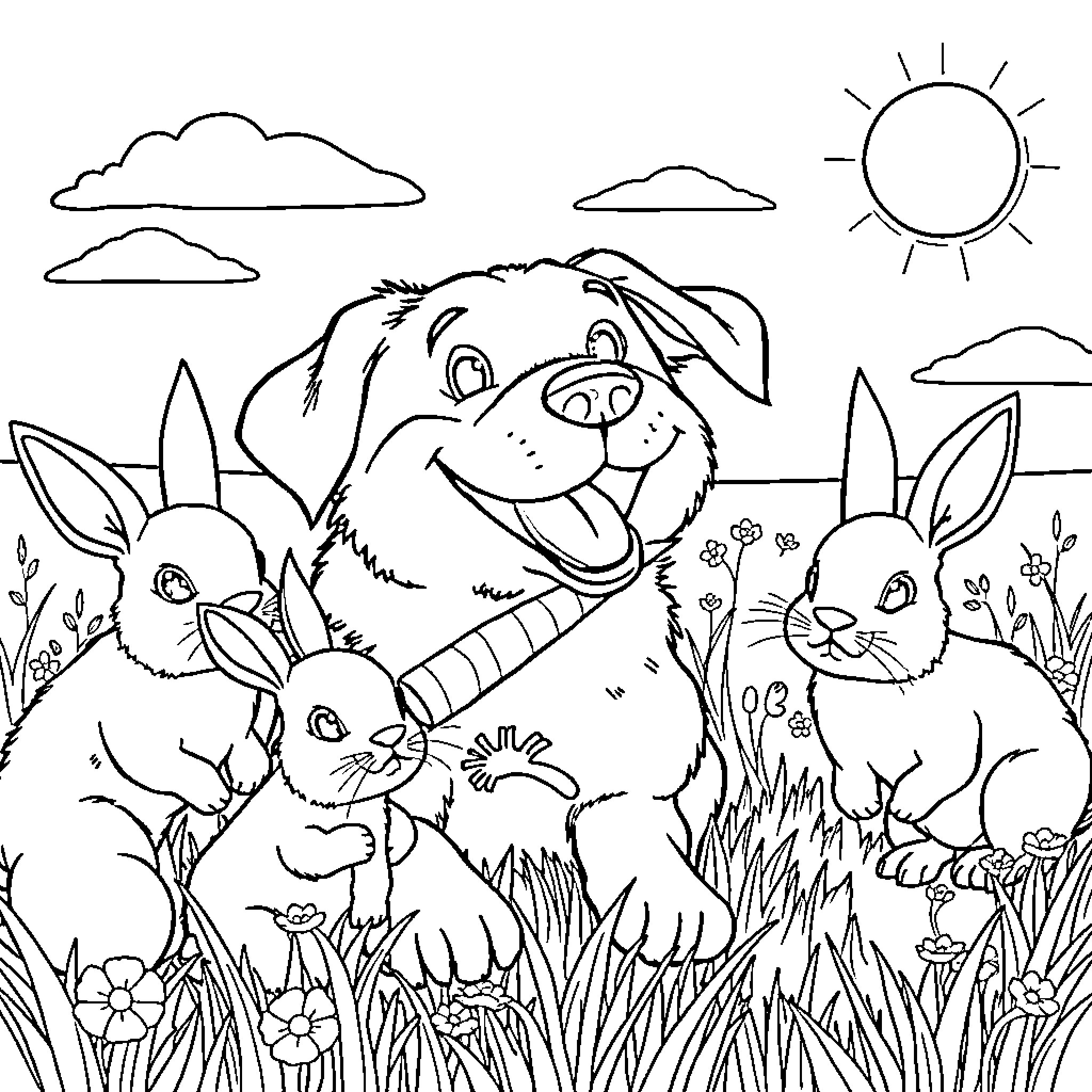 Dog Enjoying the Outdoors with Bunny Friends Coloring Page (free black-and-white line drawing printable PDF for all, from beginners to advanced learners, including children, teens, adults, and seniors)