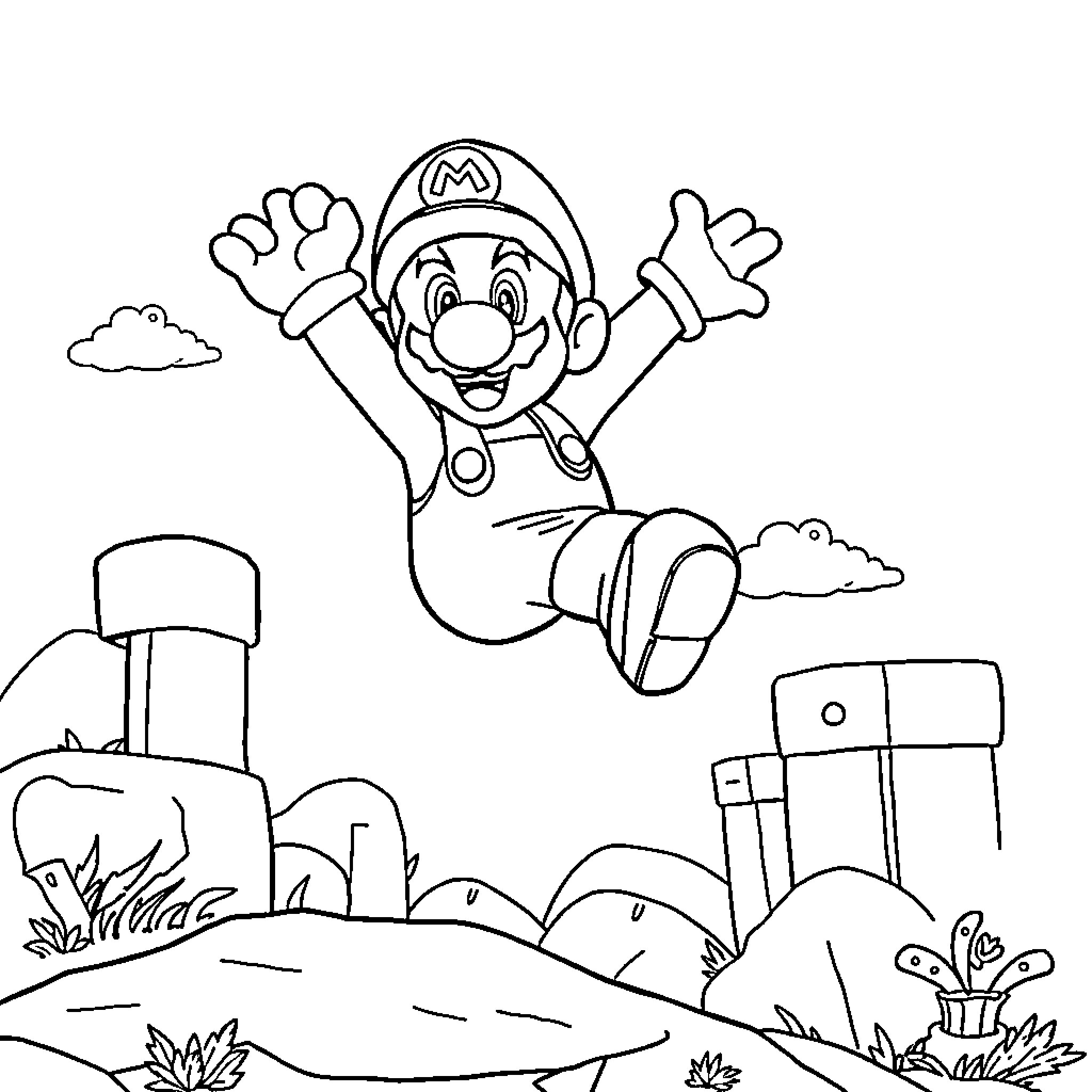 Mario jumping excitedly in nature Coloring Page (free black-and-white line drawing printable PDF for all, from beginners to advanced learners, including children, teens, adults, and seniors)