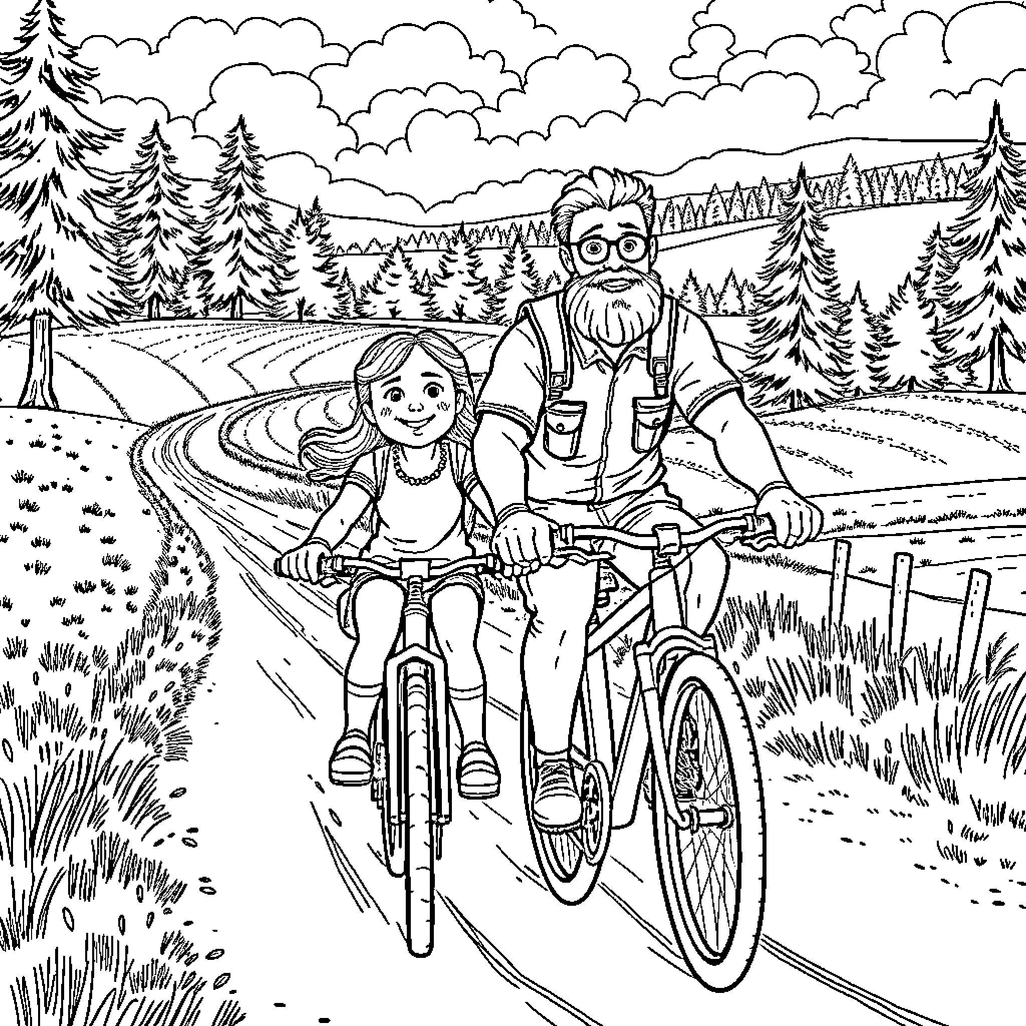 Girl and Grandfather Biking in the Countryside Coloring Page (free black-and-white line drawing printable PDF for all, from beginners to advanced learners, including children, teens, adults, and seniors)