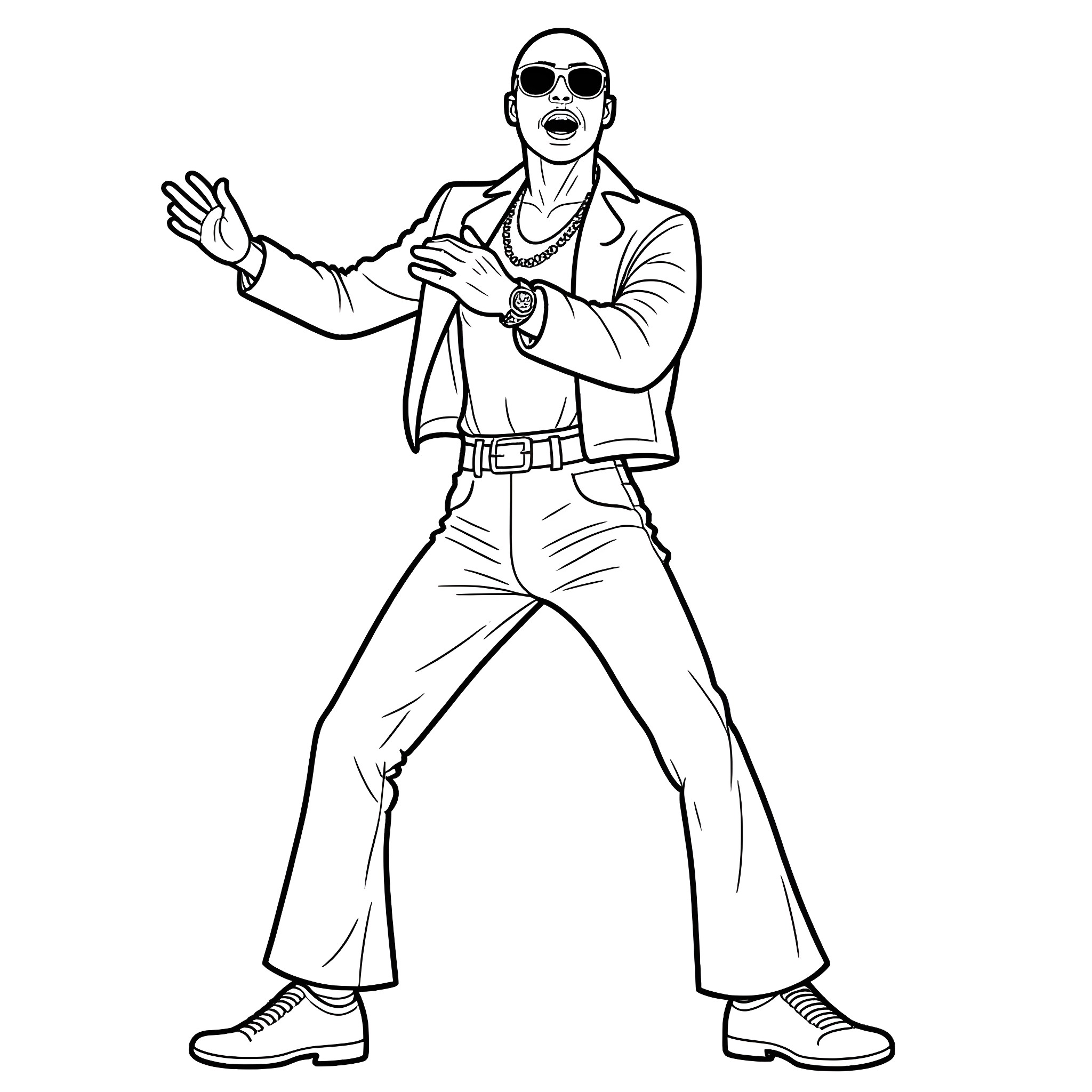 MC Hammer dancing in iconic outfit Coloring Page (free black-and-white line drawing printable PDF for all, from beginners to advanced learners, including children, teens, adults, and seniors)