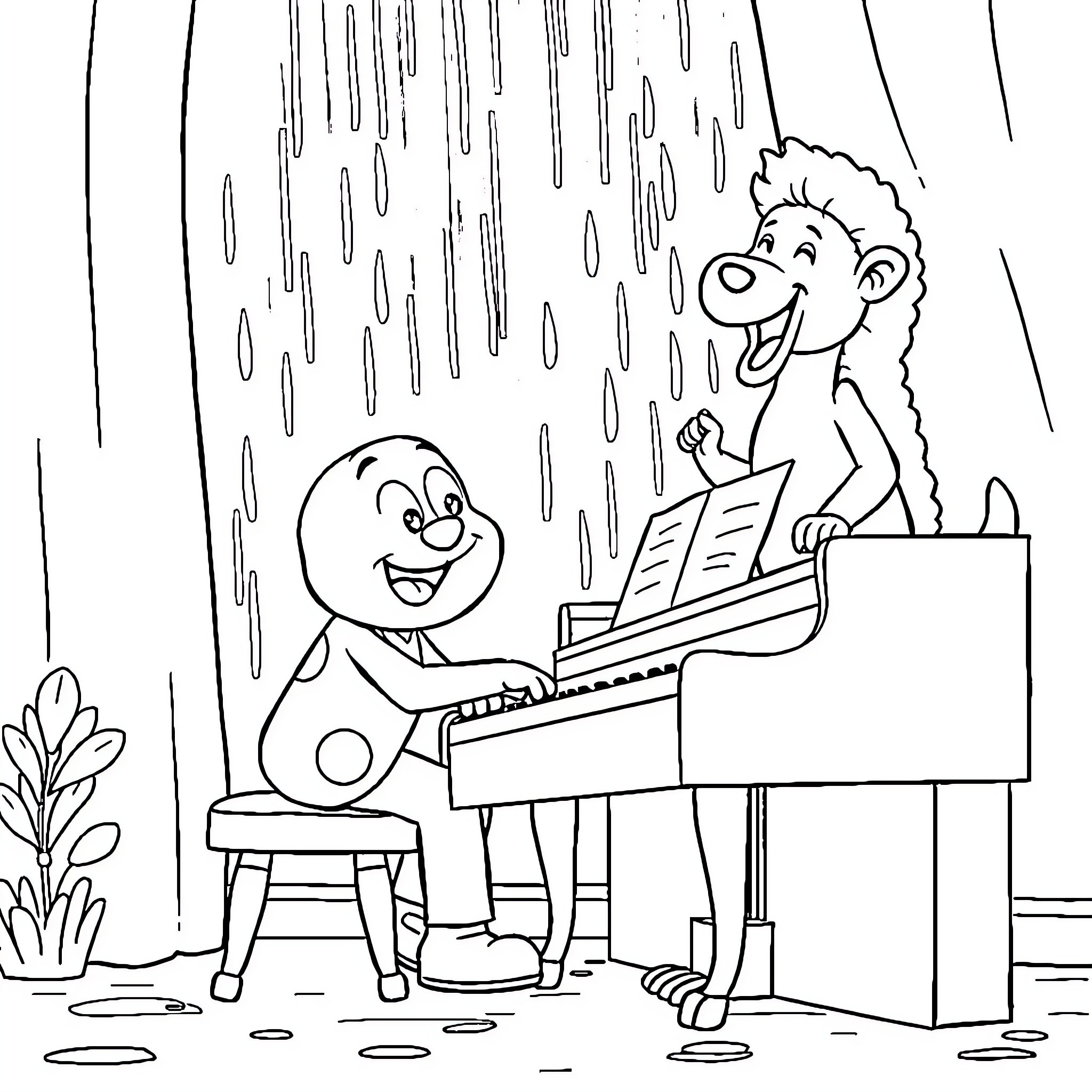 Gumball characters singing and playing piano in the rain Coloring Page (free black-and-white line drawing printable PDF for all, from beginners to advanced learners, including children, teens, adults, and seniors)