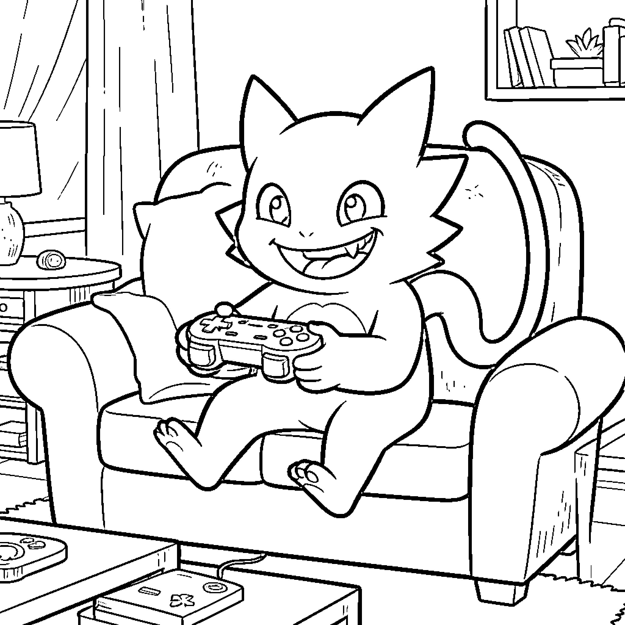 Gengar playing video games happily in the room Coloring Page (free black-and-white line drawing printable PDF for all, from beginners to advanced learners, including children, teens, adults, and seniors)