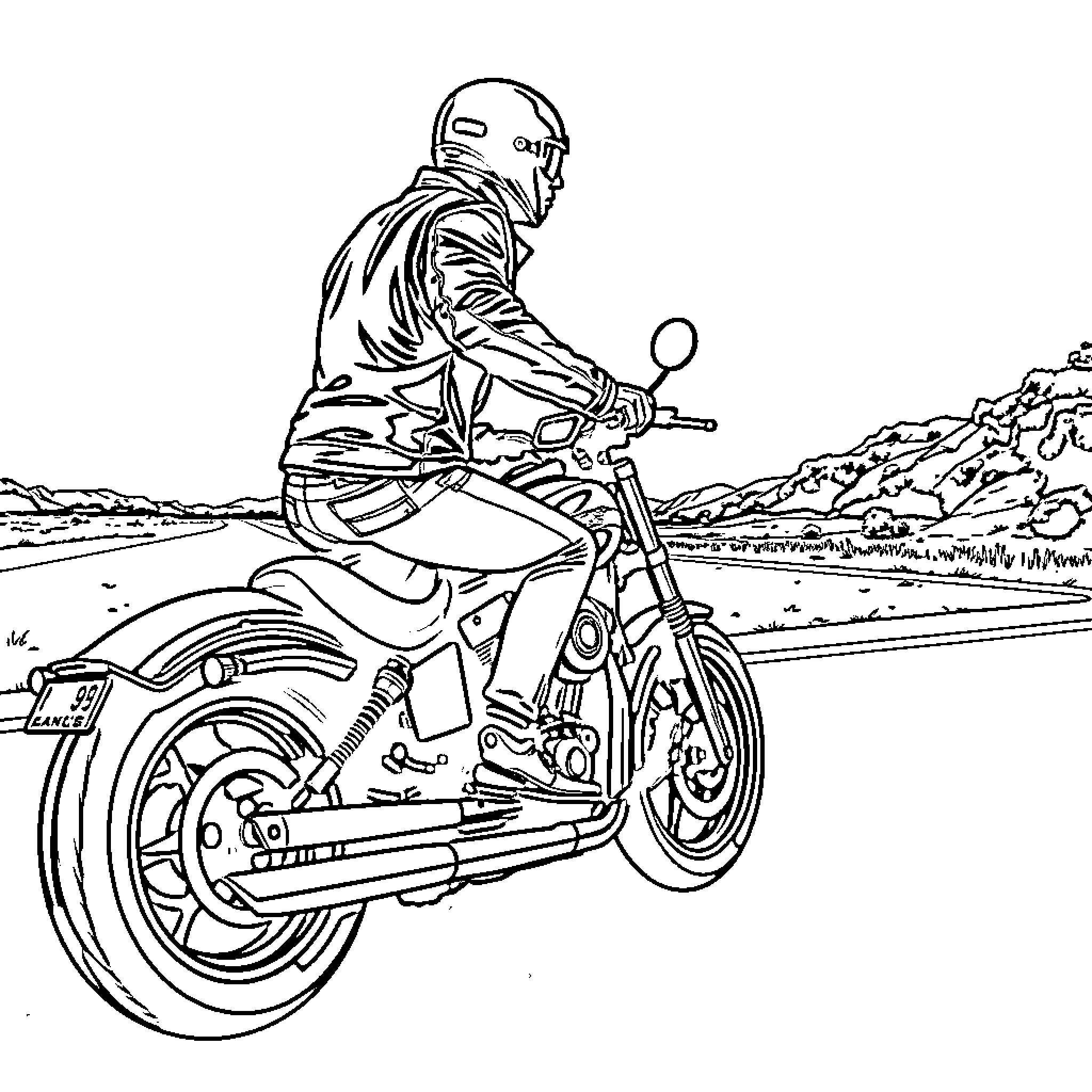 Biker riding on open road in motion Coloring Page (free black-and-white line drawing printable PDF for all, from beginners to advanced learners, including children, teens, adults, and seniors)