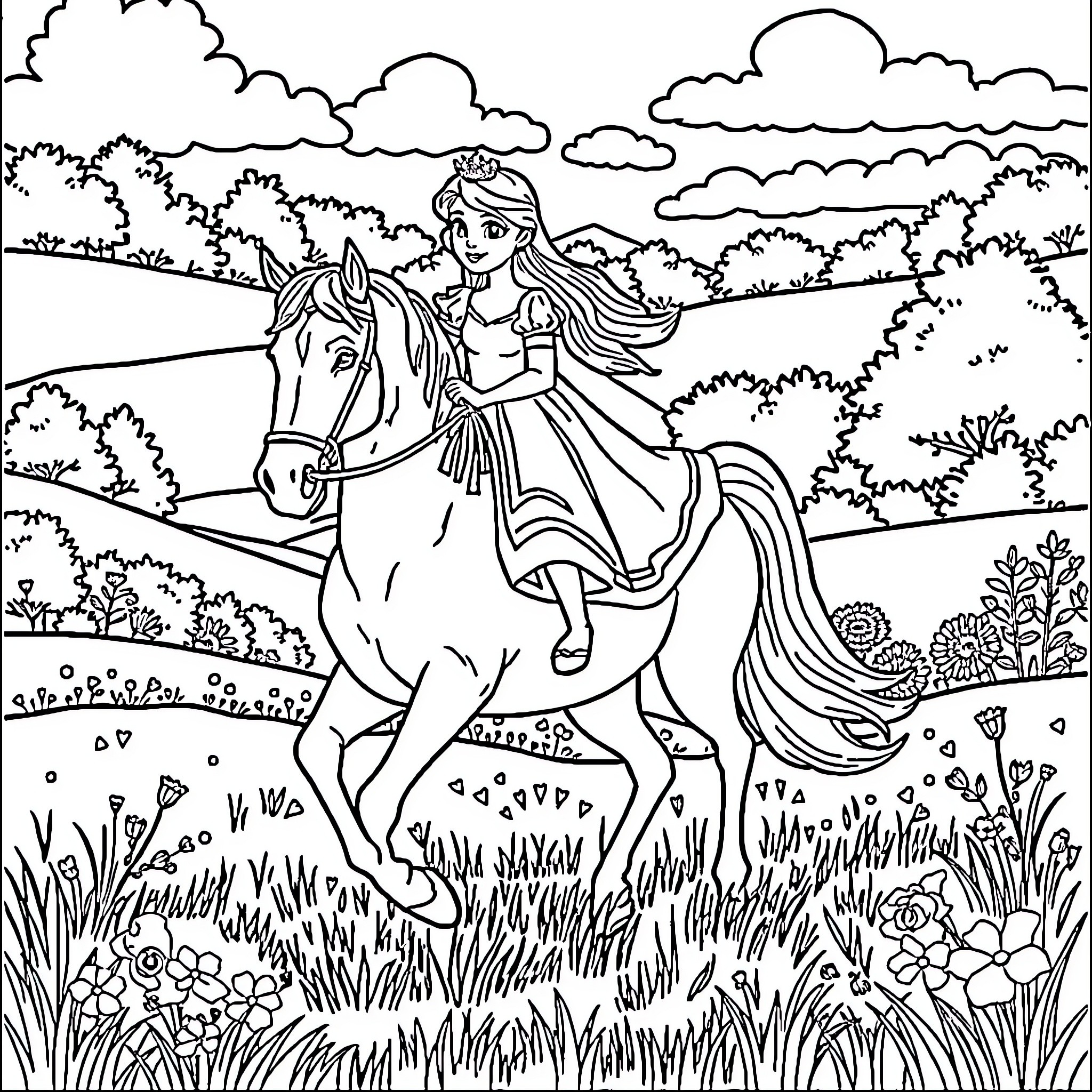 Princess Riding a Majestic Horse in a Lush Landscape Coloring Page (free black-and-white line drawing printable PDF for all, from beginners to advanced learners, including children, teens, adults, and seniors)