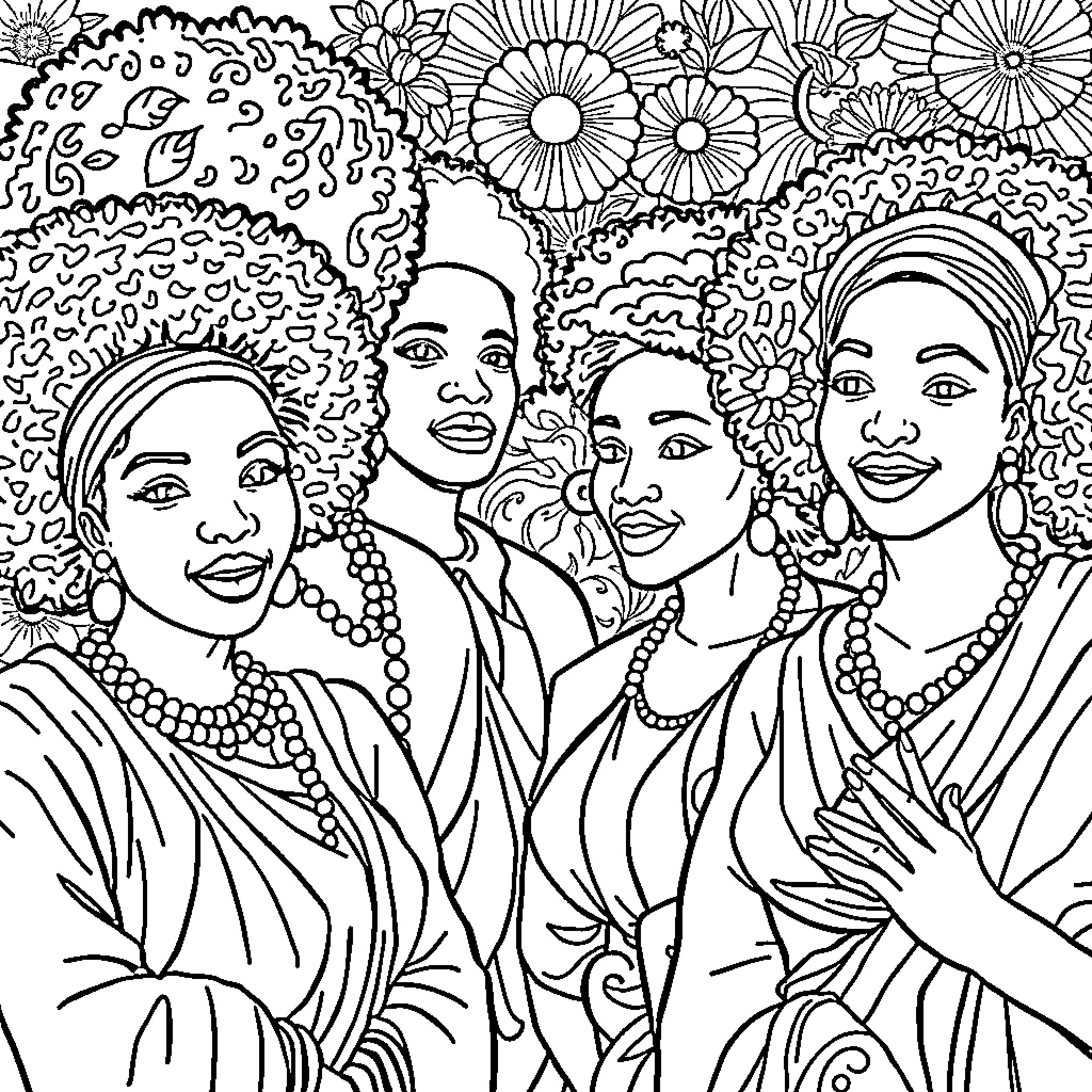 History of Empowered Women in Floral Celebration Coloring Page (free black-and-white line drawing printable PDF for all, from beginners to advanced learners, including children, teens, adults, and seniors)
