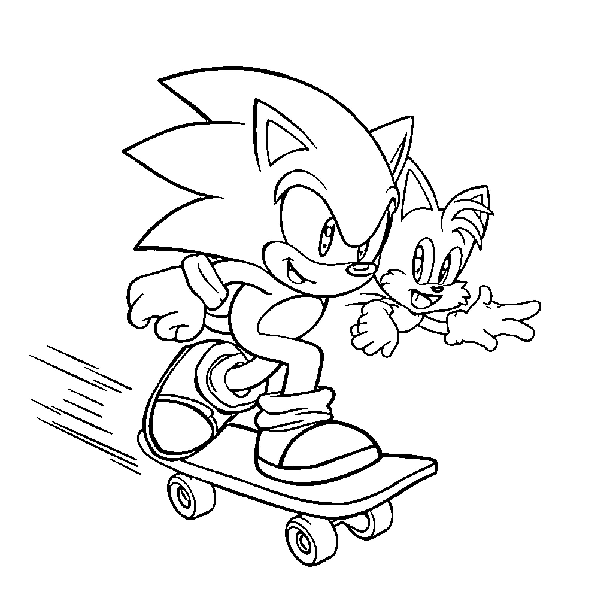 Sonic and Tails playing on a skateboard Coloring Page (free black-and-white line drawing printable PDF for all, from beginners to advanced learners, including children, teens, adults, and seniors)