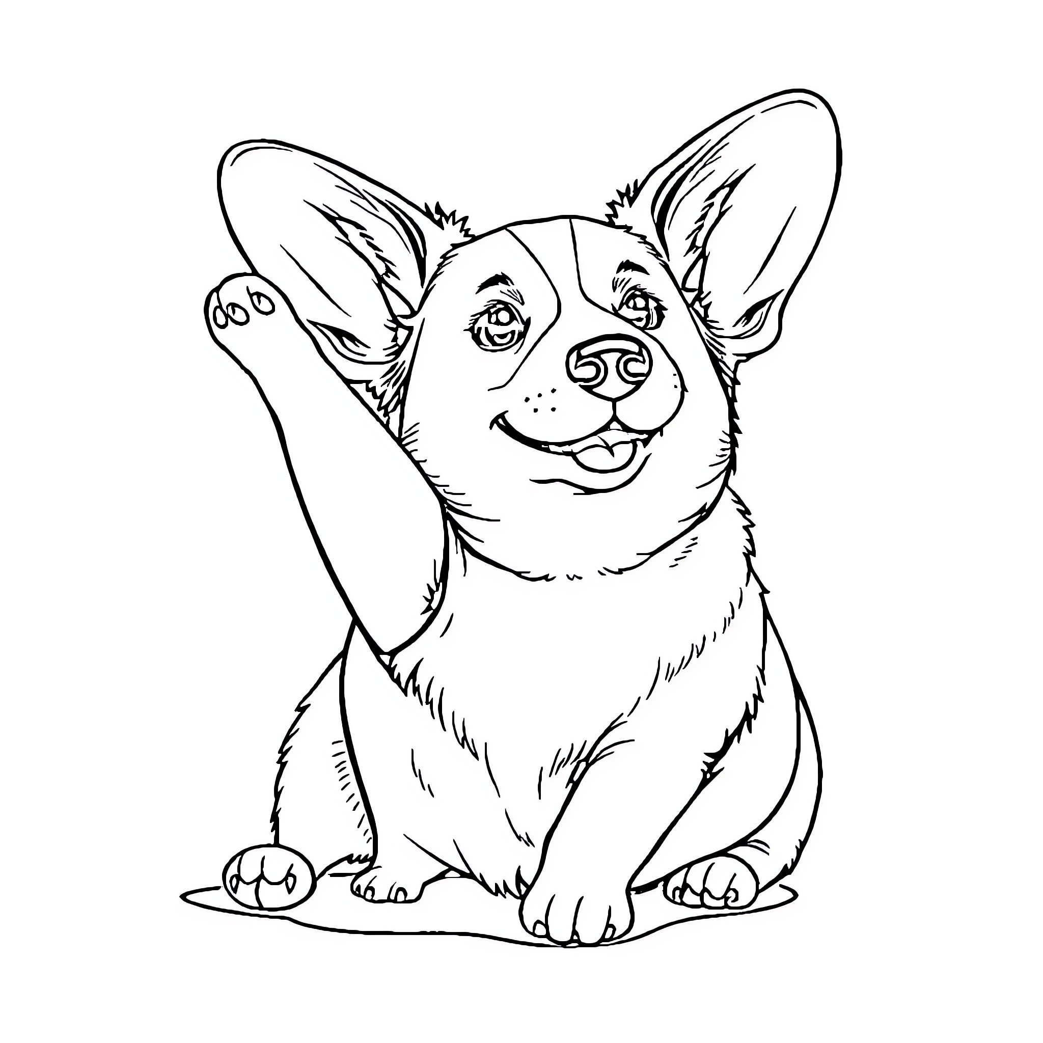 Corgi sitting happily and looking up Coloring Page (free black-and-white line drawing printable PDF for all, from beginners to advanced learners, including children, teens, adults, and seniors)
