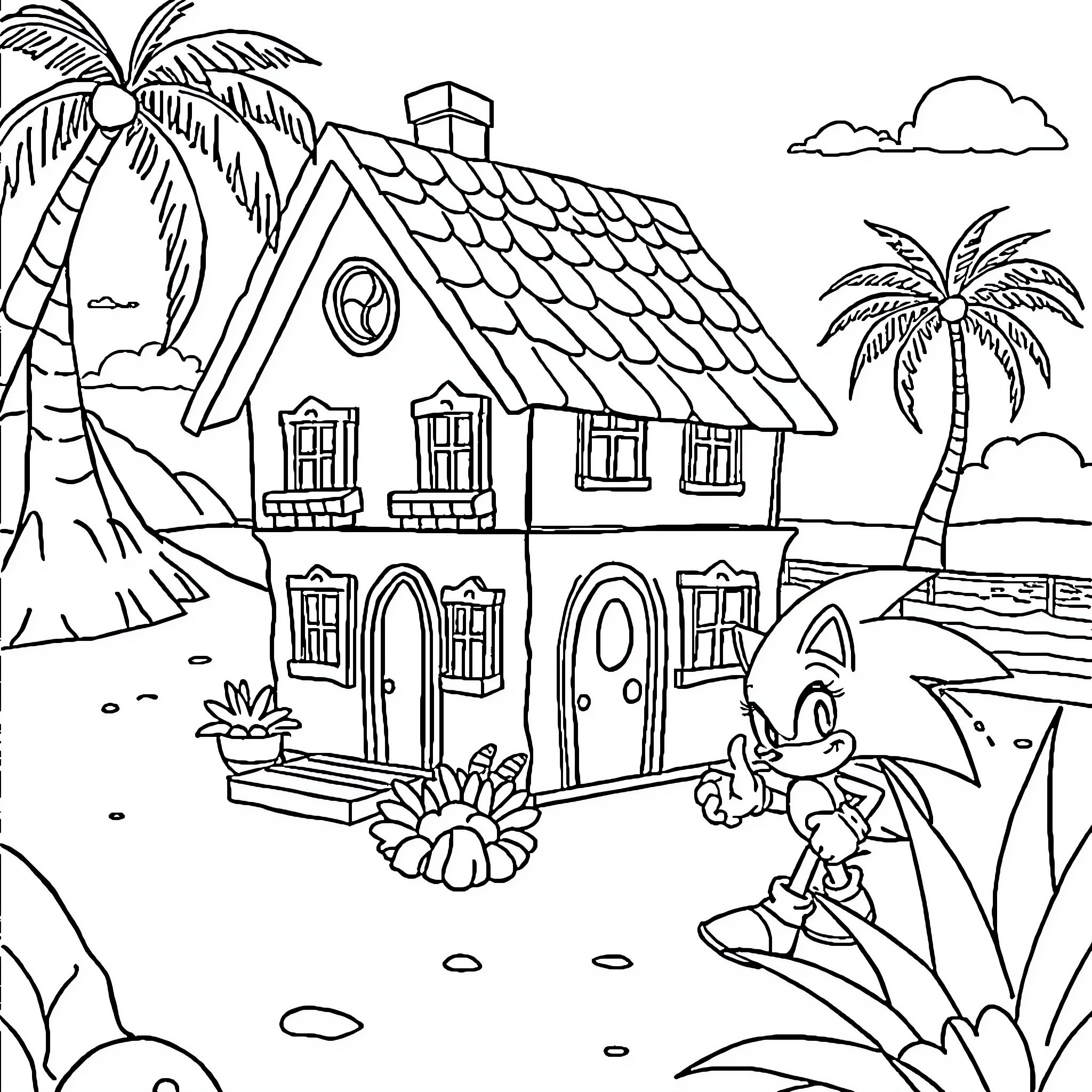 Dollhouse on a Tropical Beach Coloring Page (free black-and-white line drawing printable PDF for all, from beginners to advanced learners, including children, teens, adults, and seniors)