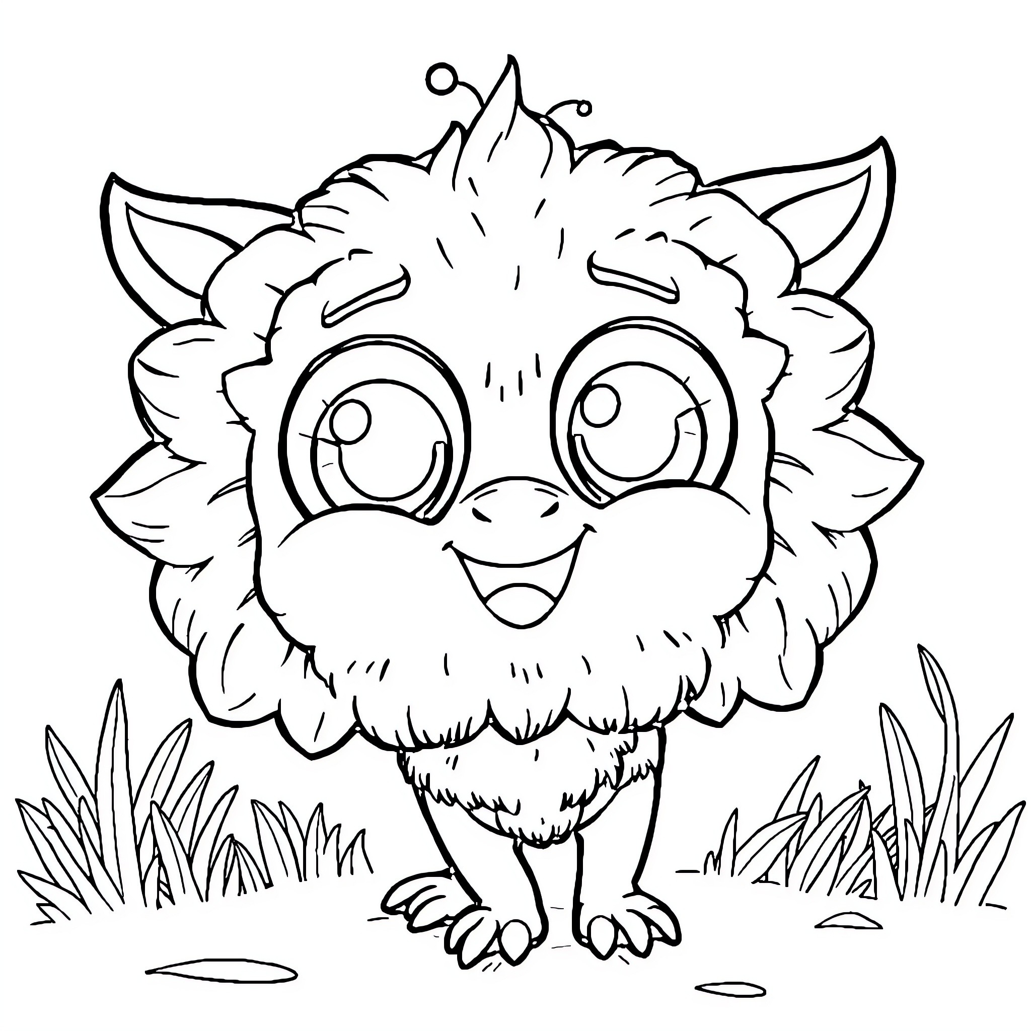 Labubu's Cheerful Creature in the Meadow Coloring Page (free black-and-white line drawing printable PDF for all, from beginners to advanced learners, including children, teens, adults, and seniors)