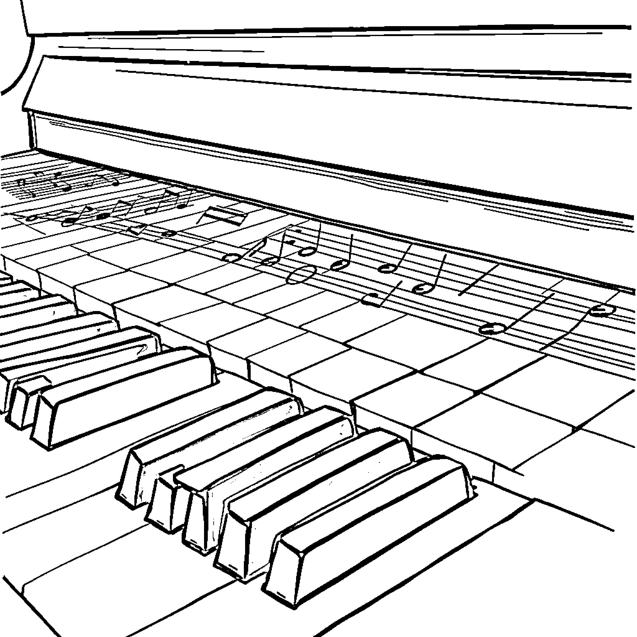 Piano Keyboard with Musical Notes Coloring Page (free black-and-white line drawing printable PDF for all, from beginners to advanced learners, including children, teens, adults, and seniors)