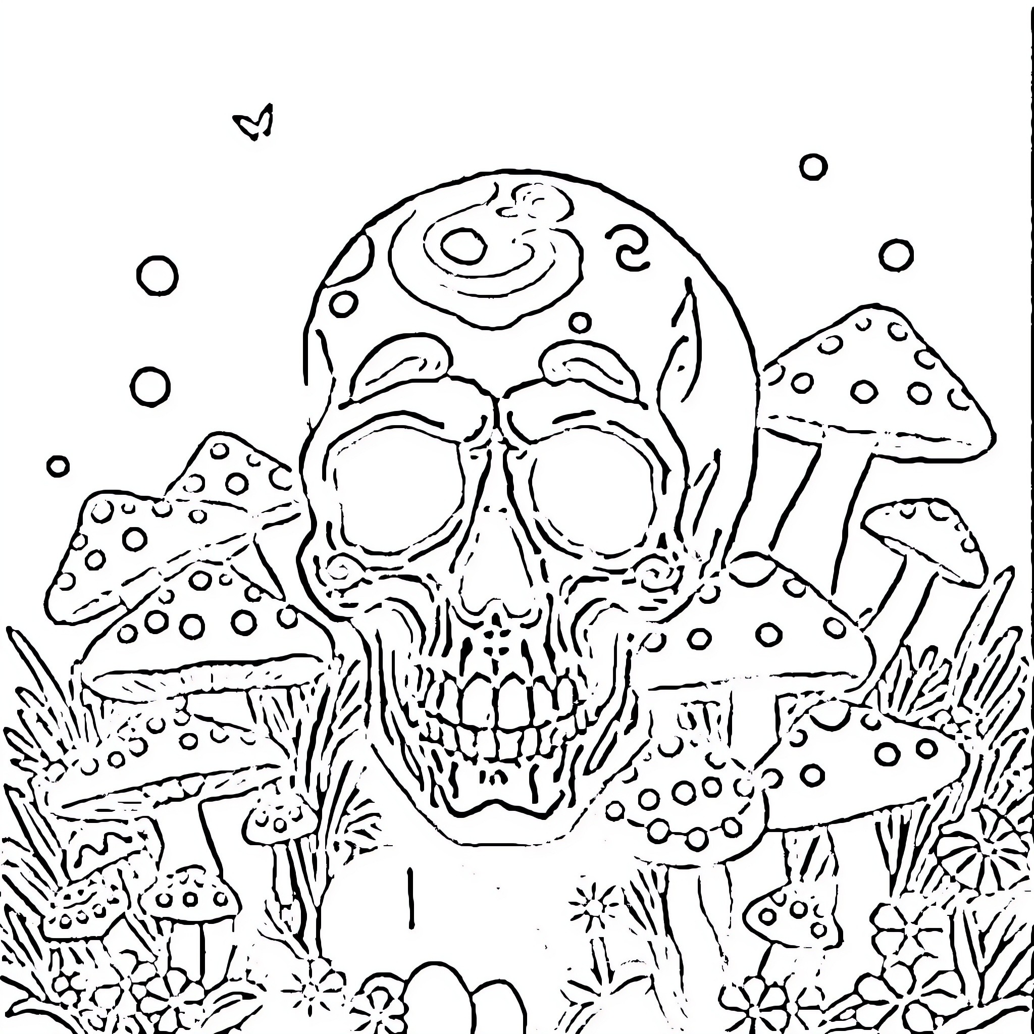 Skull surrounded by whimsical mushrooms Coloring Page (free black-and-white line drawing printable PDF for all, from beginners to advanced learners, including children, teens, adults, and seniors)