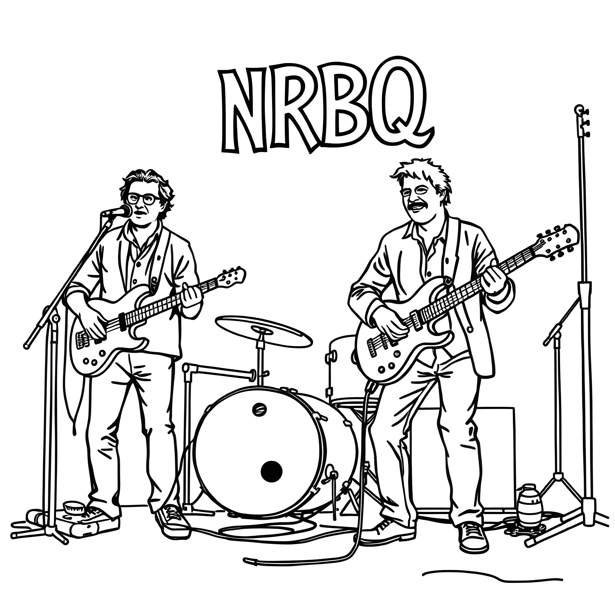 NRBQ band members performing on stage with instruments Coloring Page (free black-and-white line drawing printable PDF for all, from beginners to advanced learners, including children, teens, adults, and seniors)