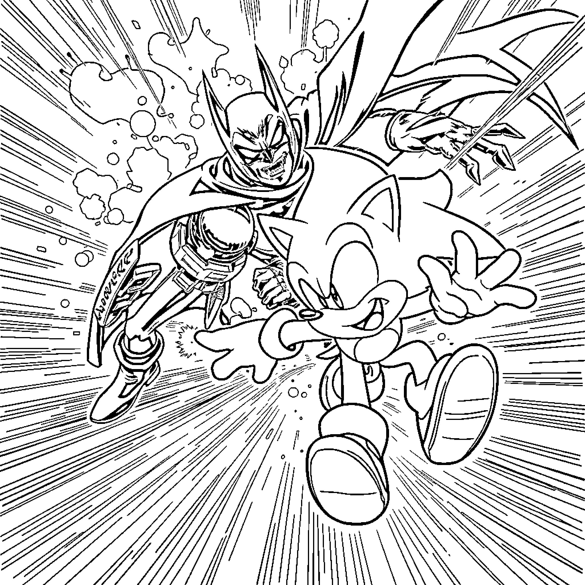 Sonic Characters' Action-Packed Encounter Coloring Page (free black-and-white line drawing printable PDF for all, from beginners to advanced learners, including children, teens, adults, and seniors)
