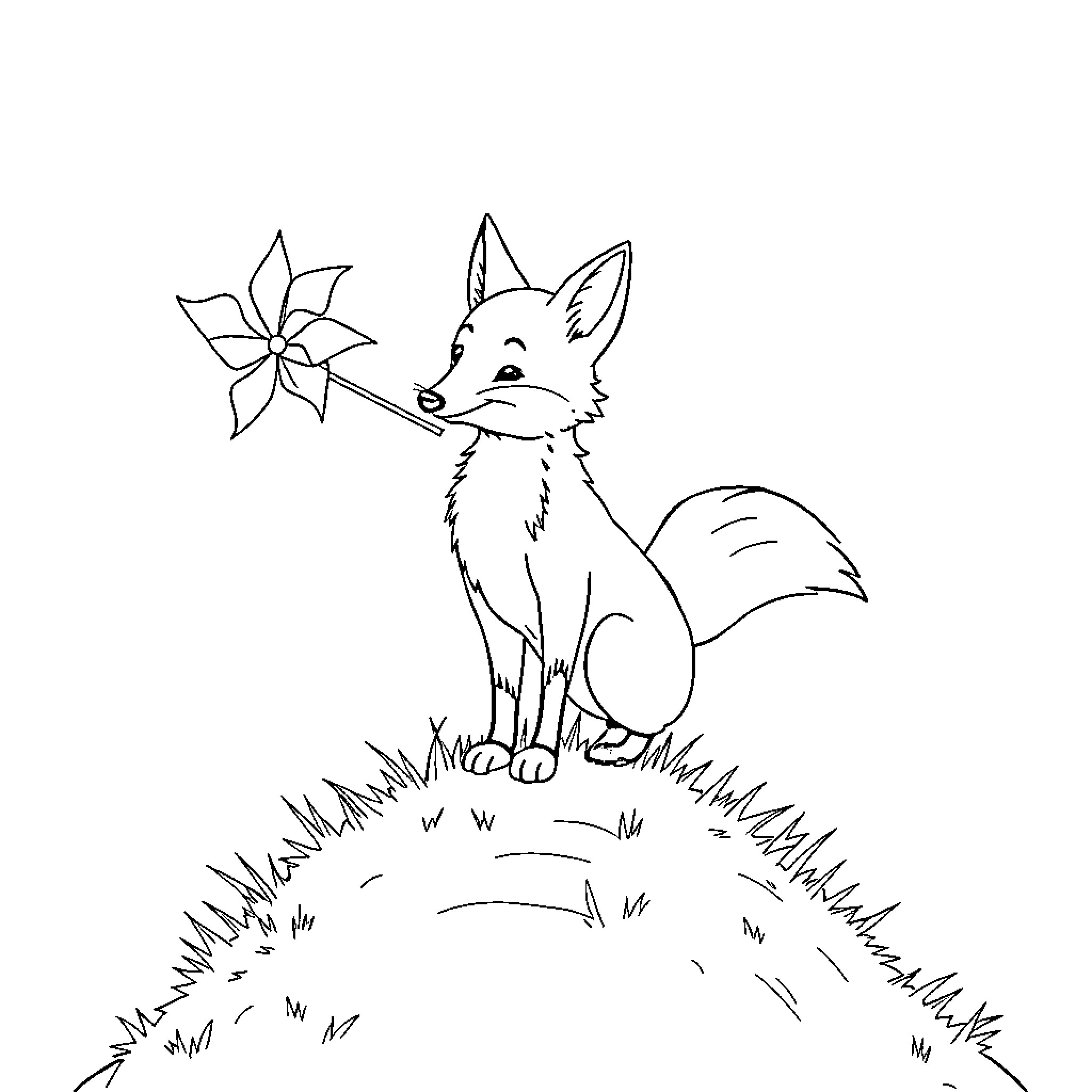 Fox with flower exploring nature Coloring Page (free black-and-white line drawing printable PDF for all, from beginners to advanced learners, including children, teens, adults, and seniors)