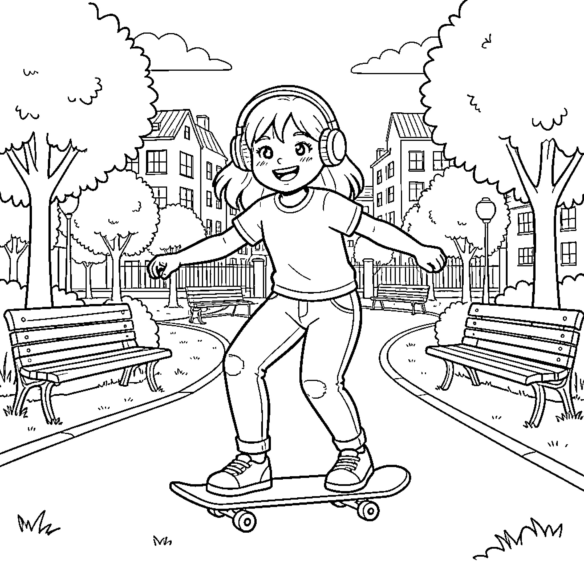 Girl enjoying skateboarding through the city Coloring Page (free black-and-white line drawing printable PDF for all, from beginners to advanced learners, including children, teens, adults, and seniors)