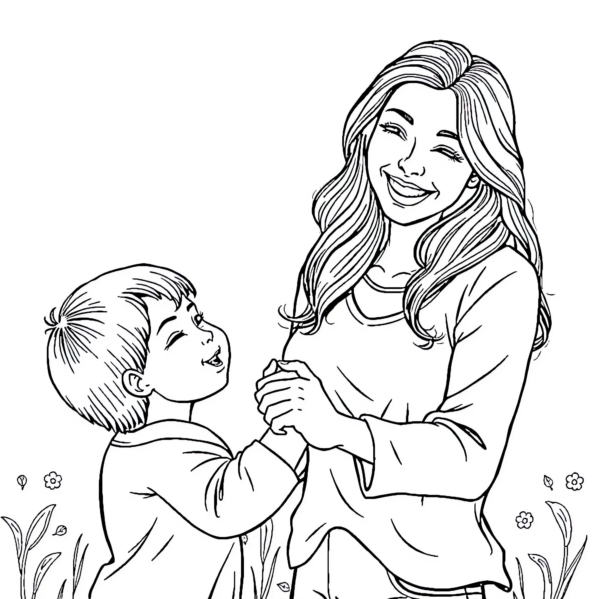 Mom and Child Joyfully Playing Outdoors Coloring Page (free black-and-white line drawing printable PDF for all, from beginners to advanced learners, including children, teens, adults, and seniors)