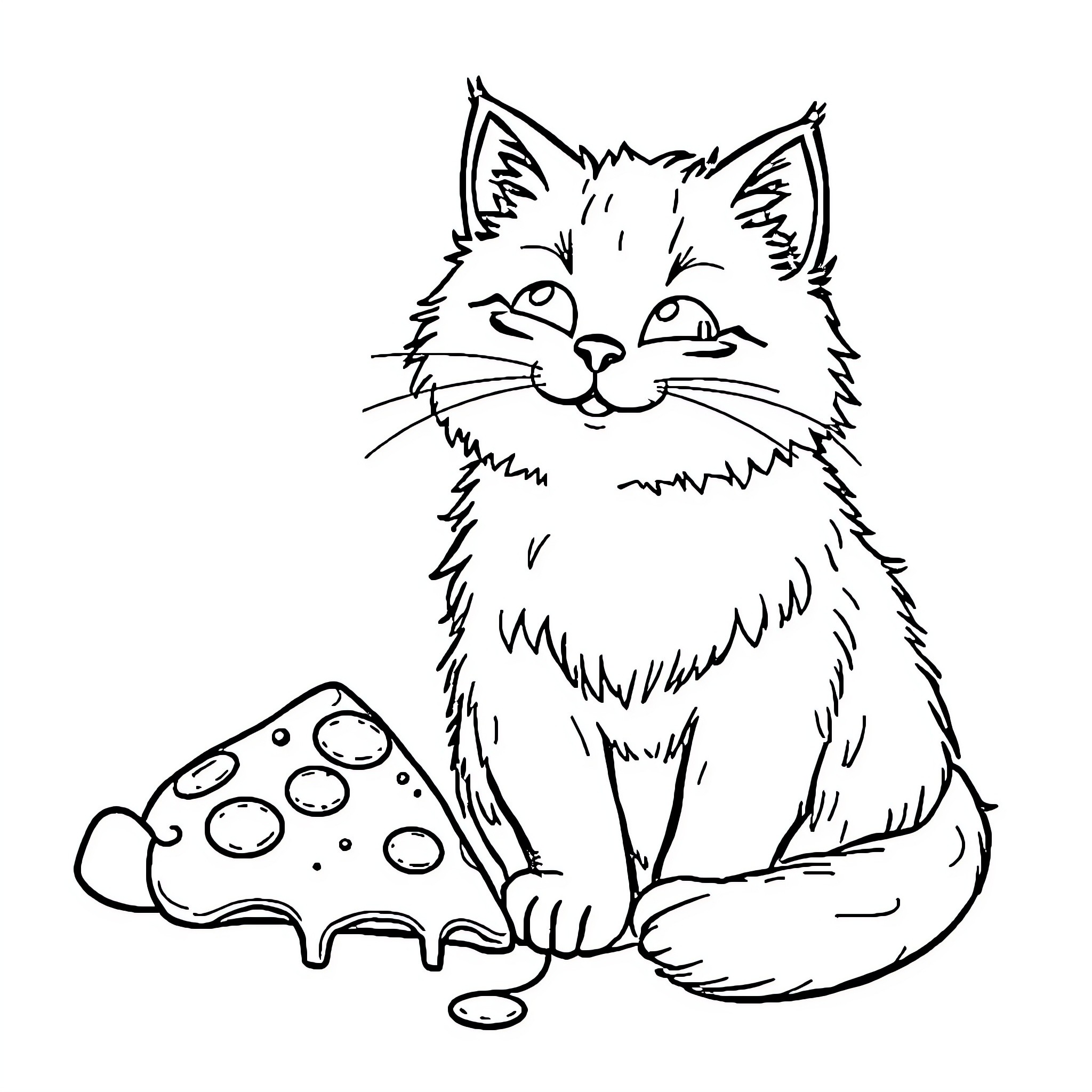 Cat licking paw beside spilled food Coloring Page (free black-and-white line drawing printable PDF for all, from beginners to advanced learners, including children, teens, adults, and seniors)