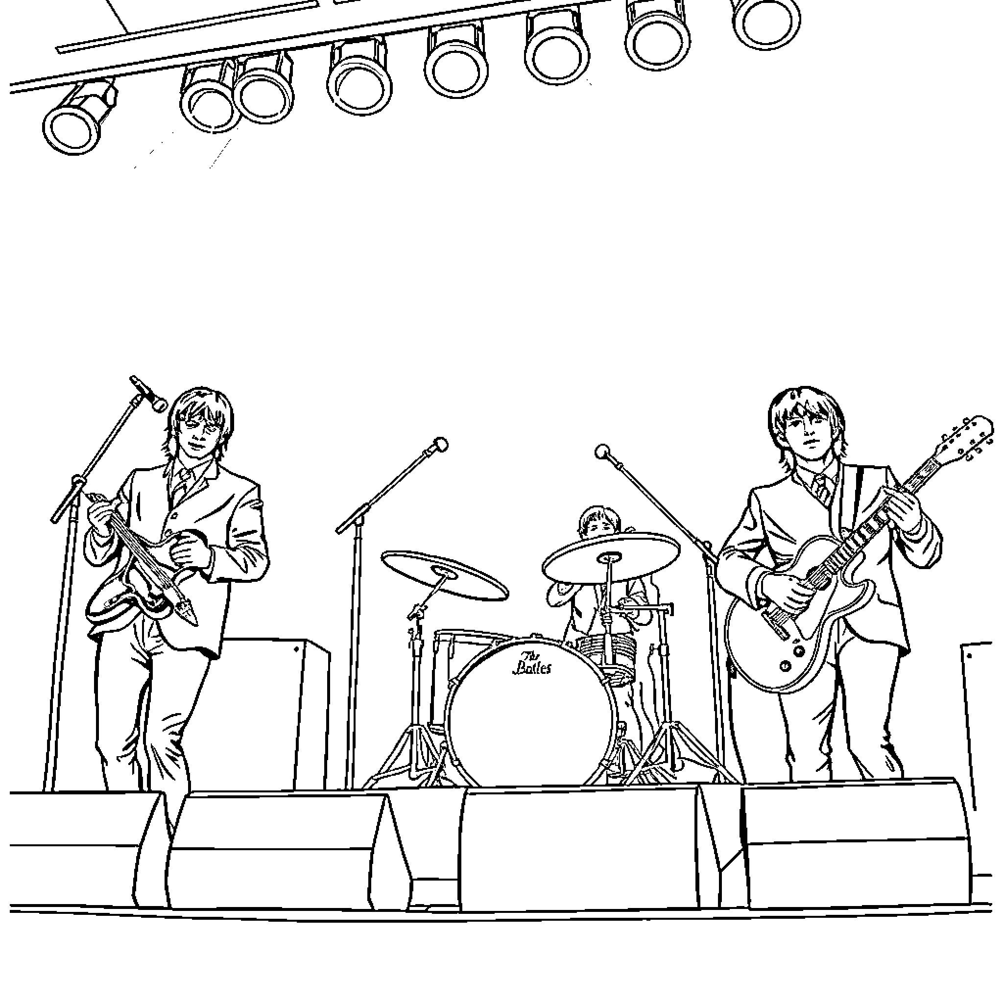 Beatles performing on stage with musical instruments Coloring Page (free black-and-white line drawing printable PDF for all, from beginners to advanced learners, including children, teens, adults, and seniors)