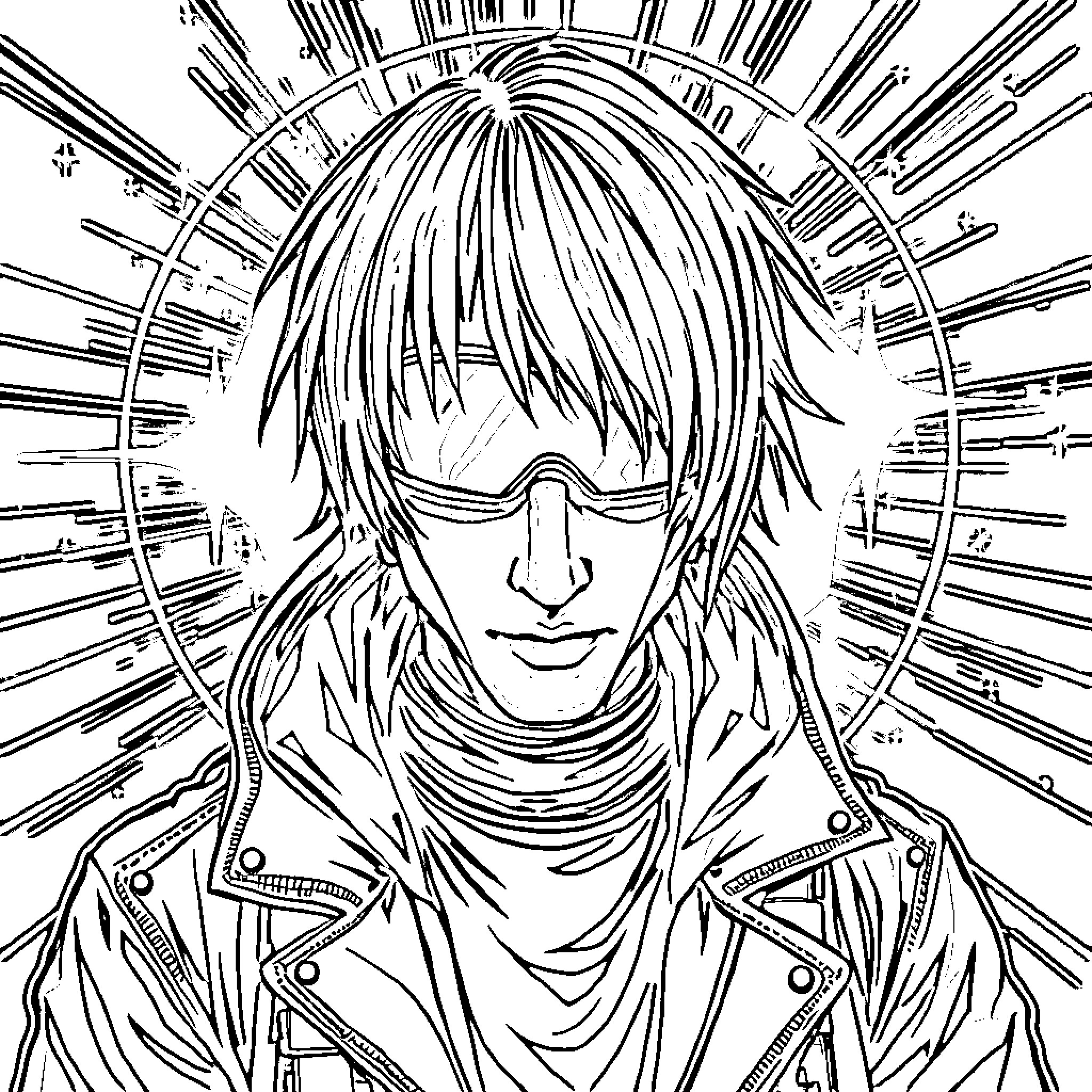 Cyberpunk Character Shrouded in Radiant Beams Coloring Page (free black-and-white line drawing printable PDF for all, from beginners to advanced learners, including children, teens, adults, and seniors)