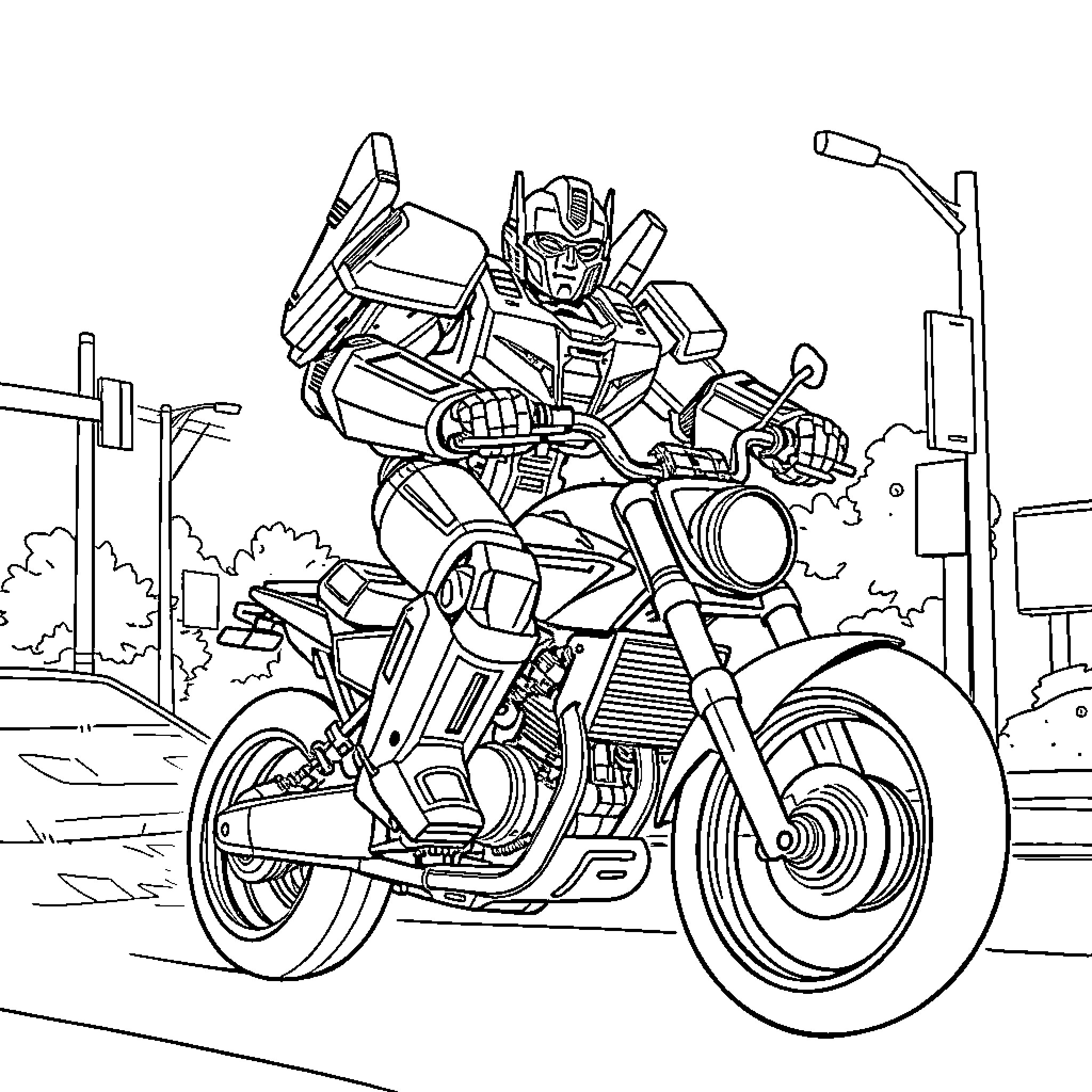 Transformer-inspired robot riding a futuristic motorcycle Coloring Page (free black-and-white line drawing printable PDF for all, from beginners to advanced learners, including children, teens, adults, and seniors)