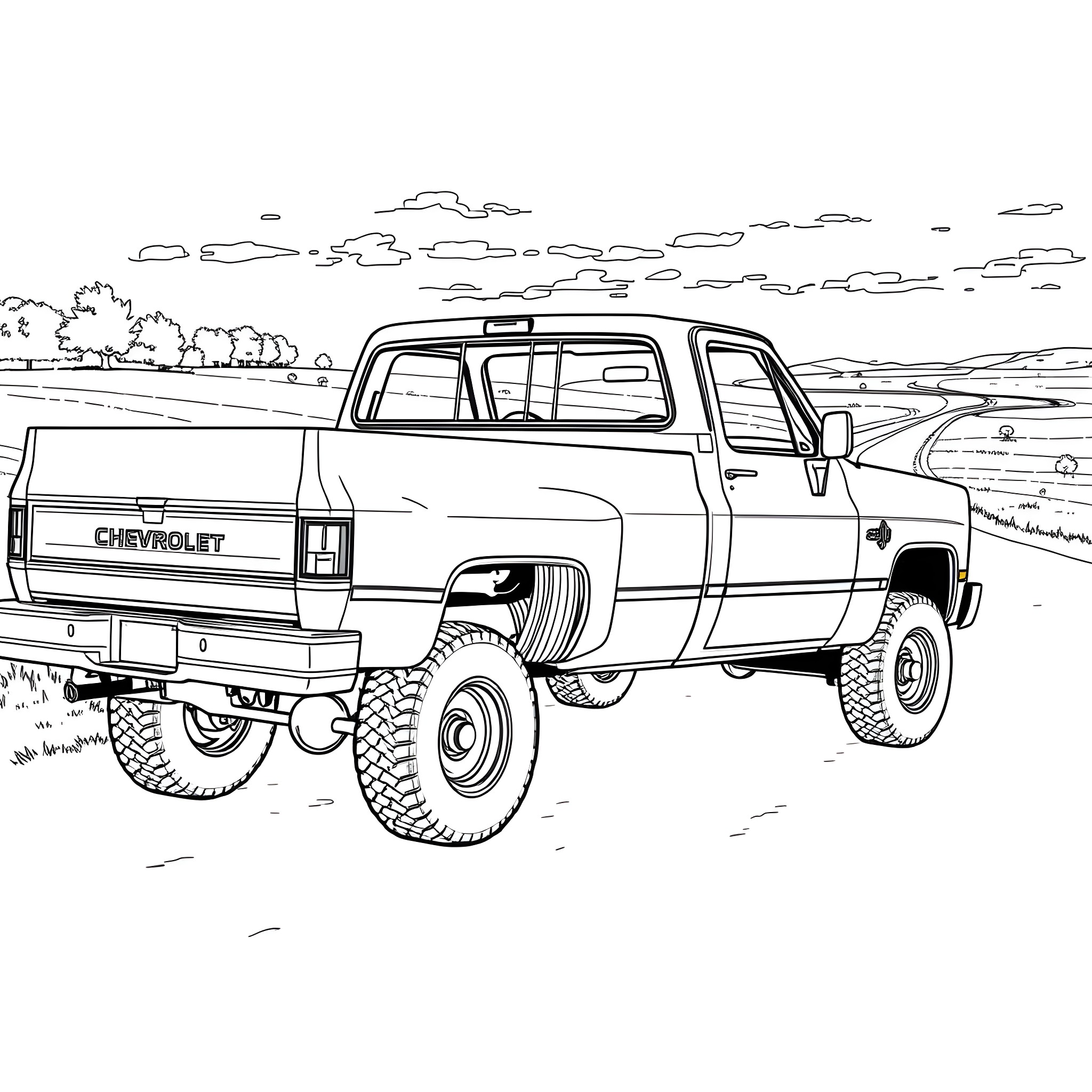 Chevy Pickup Truck Off-Road Adventure Coloring Page (free black-and-white line drawing printable PDF for all, from beginners to advanced learners, including children, teens, adults, and seniors)