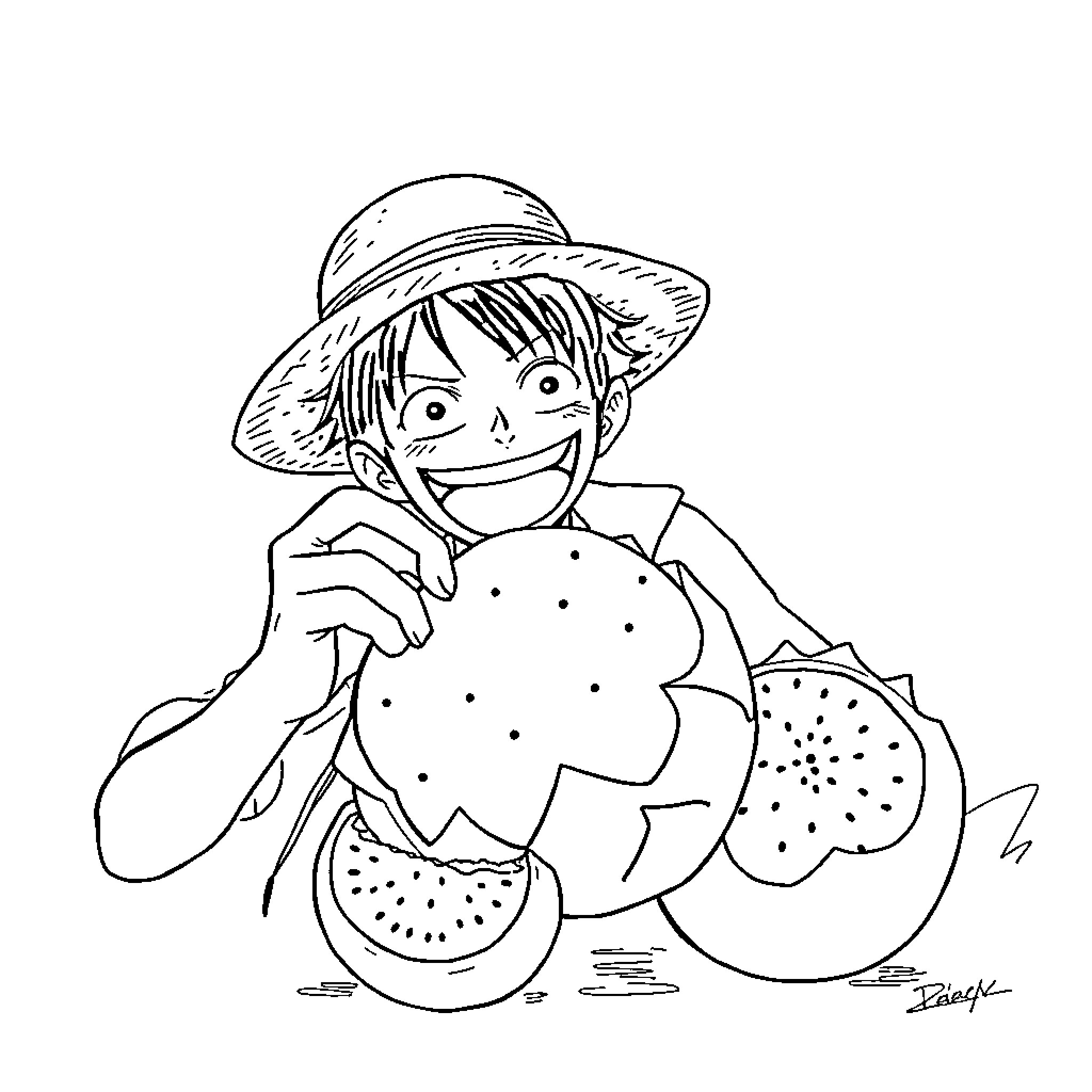Luffy enjoying a watermelon snack in the sun Coloring Page (free black-and-white line drawing printable PDF for all, from beginners to advanced learners, including children, teens, adults, and seniors)