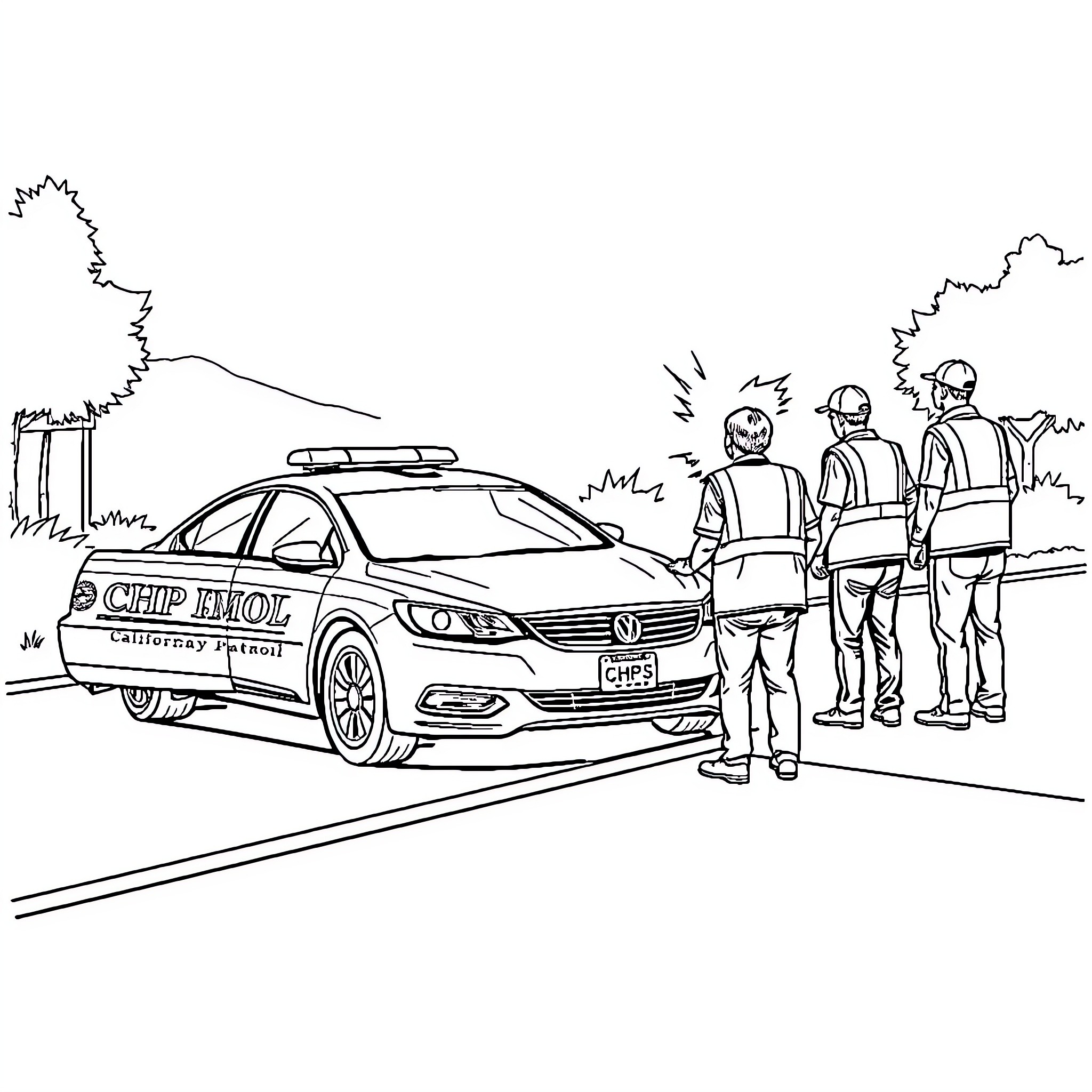 Car with police officers at the scene Coloring Page (free black-and-white line drawing printable PDF for all, from beginners to advanced learners, including children, teens, adults, and seniors)