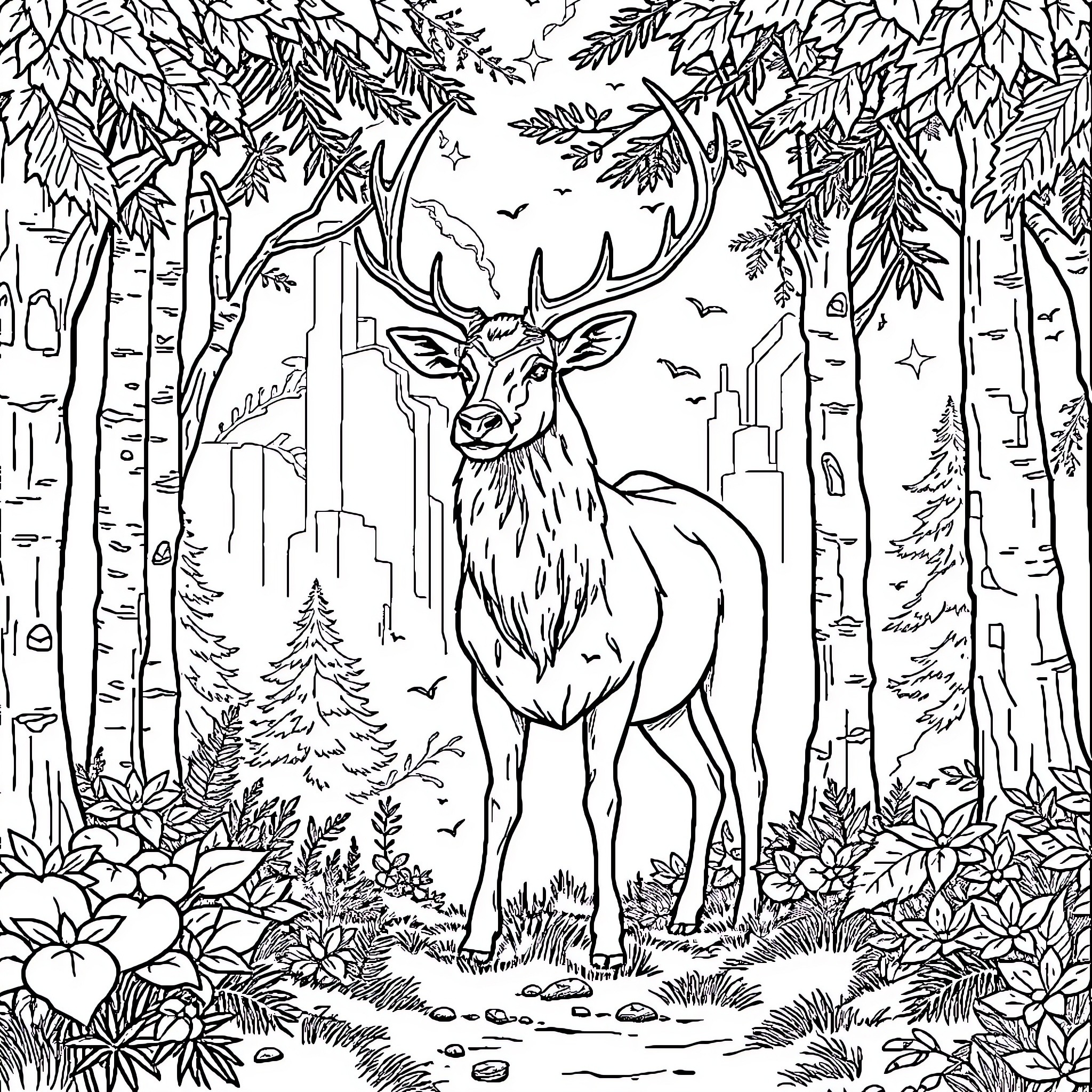 Deer standing in the serene forest Coloring Page (free black-and-white line drawing printable PDF for all, from beginners to advanced learners, including children, teens, adults, and seniors)