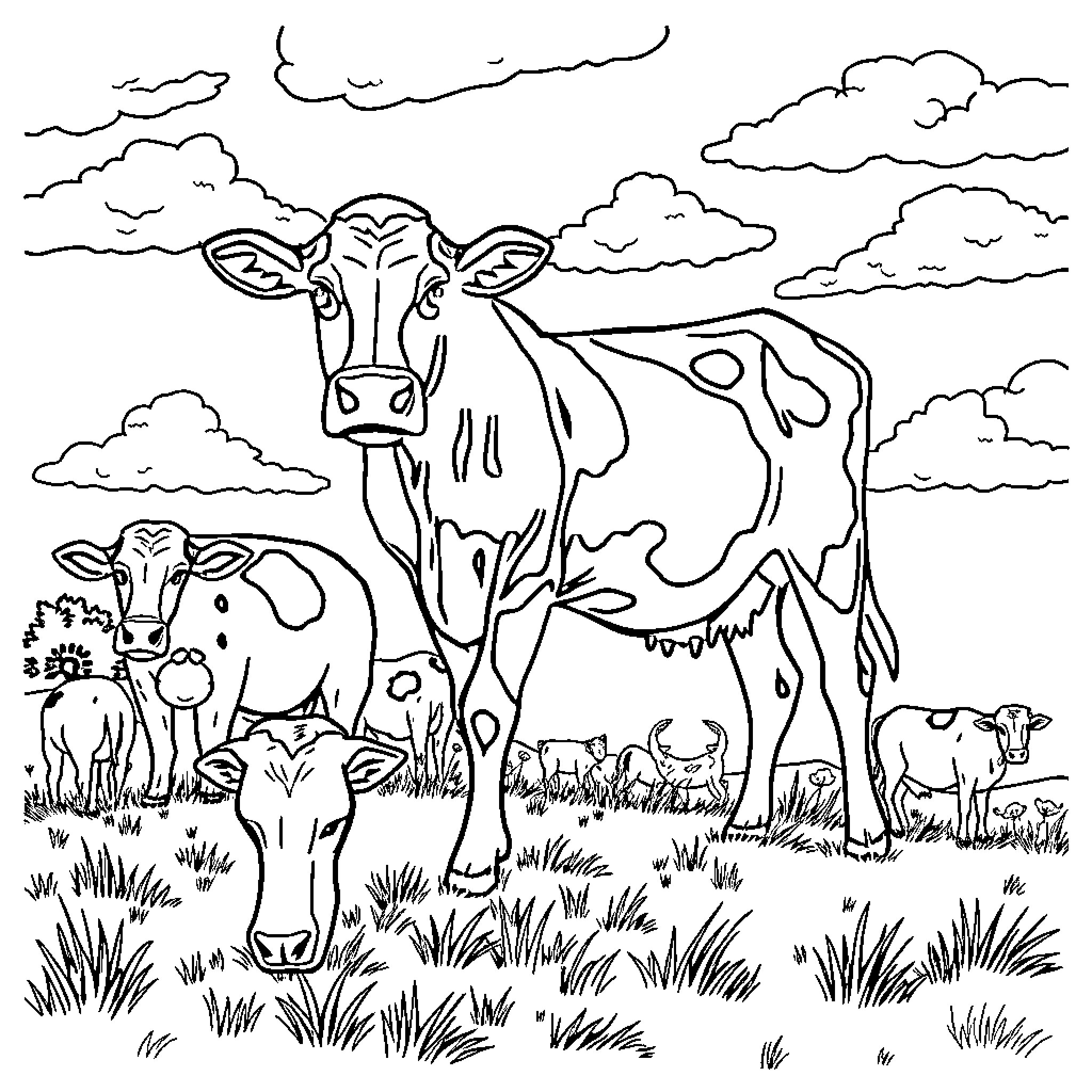 Farm Animal Herd in a Pastoral Scene Coloring Page (free black-and-white line drawing printable PDF for all, from beginners to advanced learners, including children, teens, adults, and seniors)