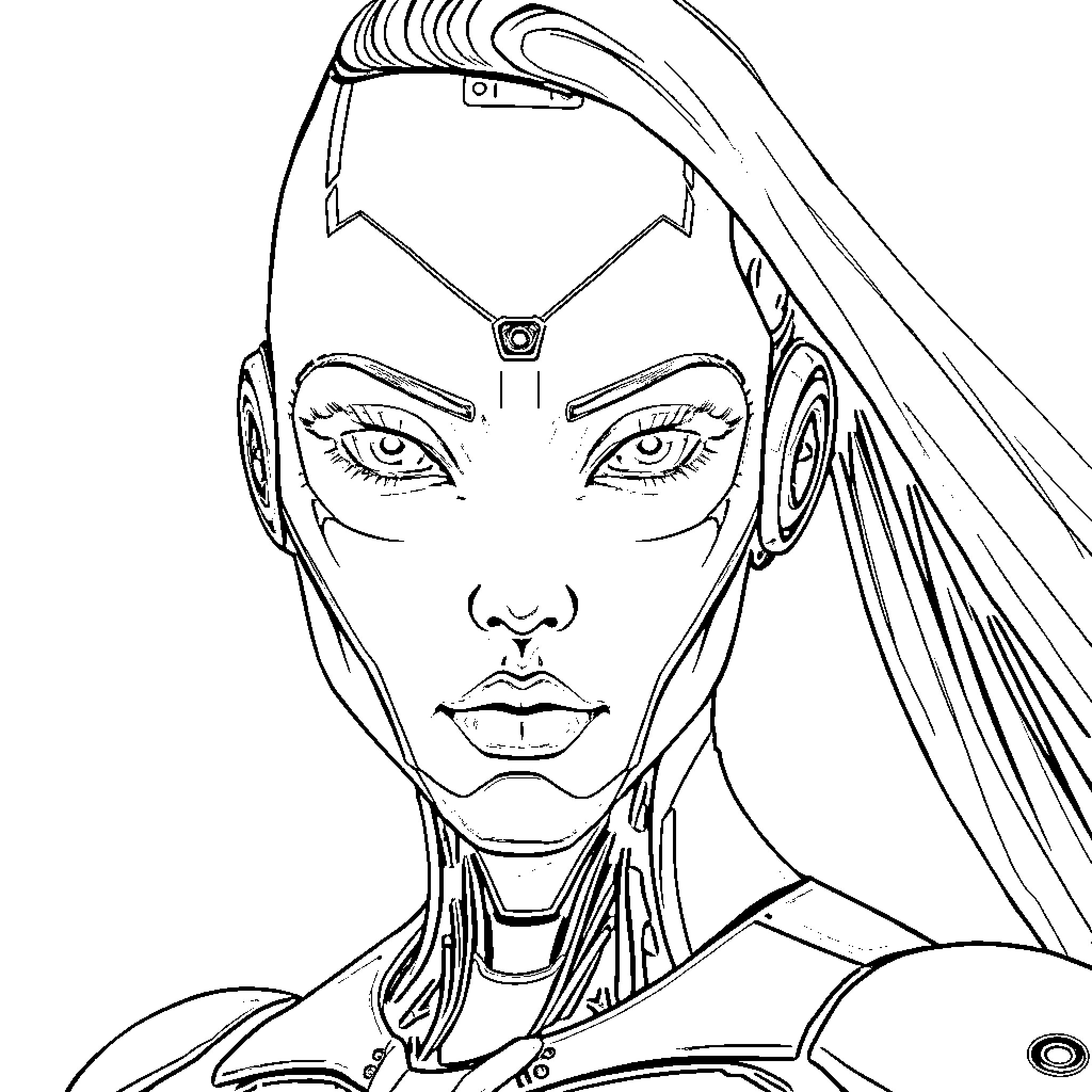 Female Robot in Futuristic Attire Coloring Page (free black-and-white line drawing printable PDF for all, from beginners to advanced learners, including children, teens, adults, and seniors)