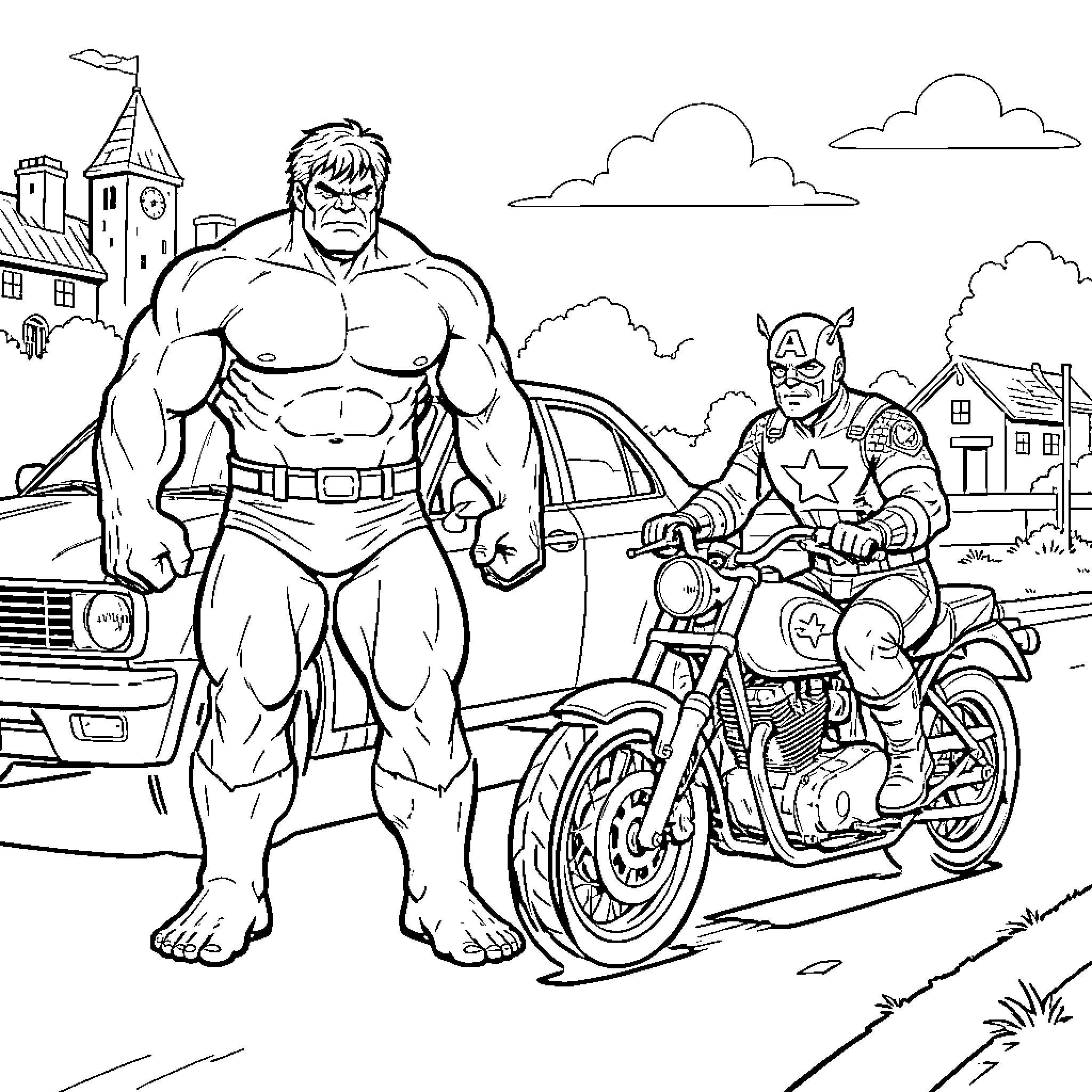 Hulk standing heroically next to Captain America on a motorcycle Coloring Page (free black-and-white line drawing printable PDF for all, from beginners to advanced learners, including children, teens, adults, and seniors)