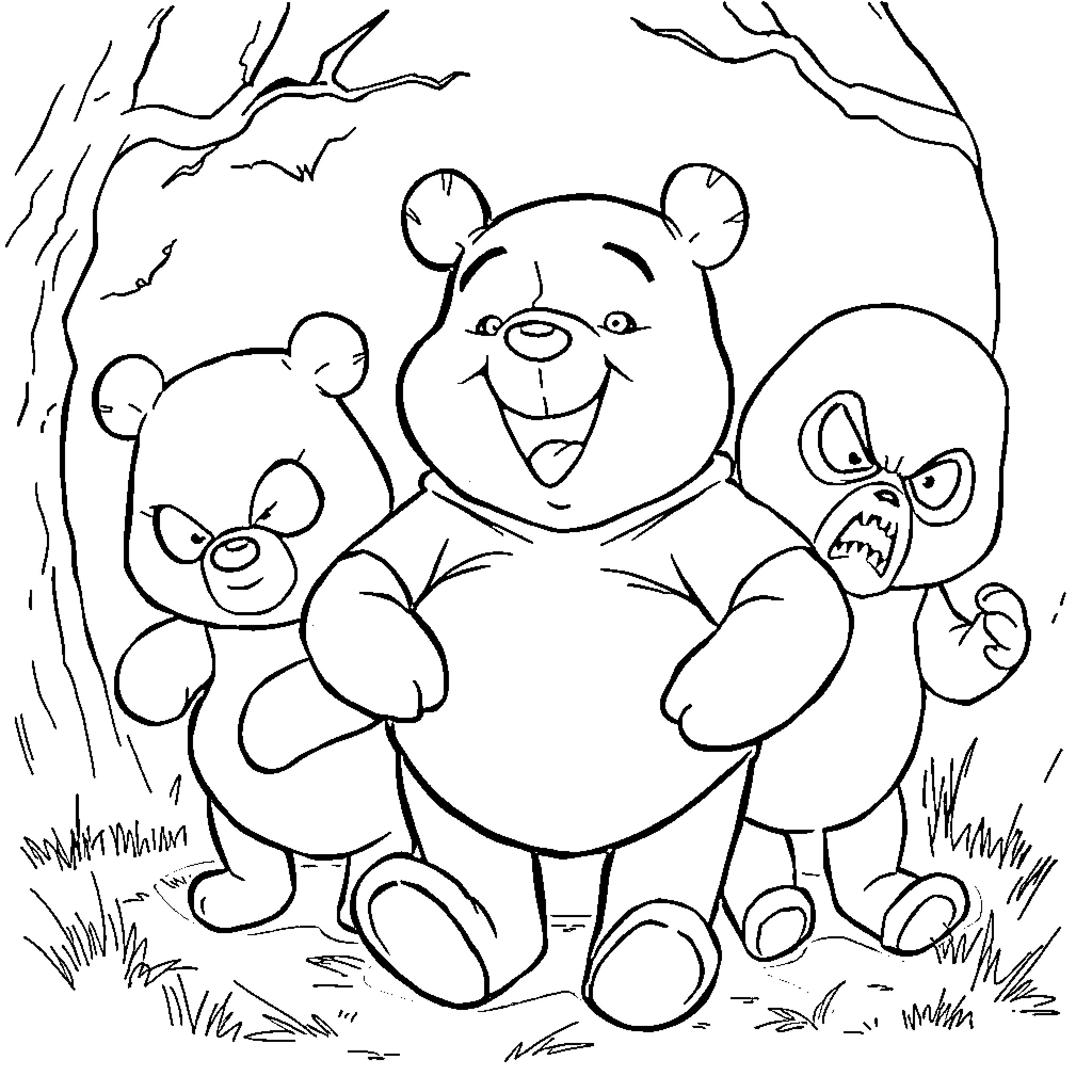 Winnie The Pooh and Friends in the Forest Coloring Page (free black-and-white line drawing printable PDF for all, from beginners to advanced learners, including children, teens, adults, and seniors)