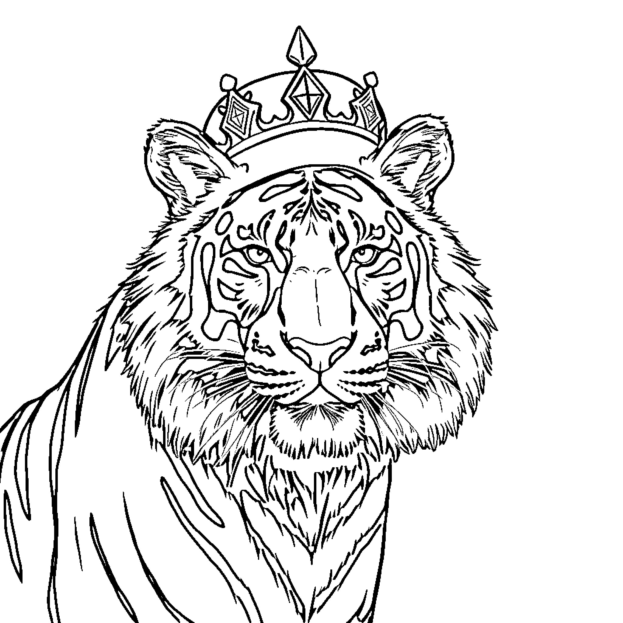 Tiger wearing a crown with intricate designs Coloring Page (free black-and-white line drawing printable PDF for all, from beginners to advanced learners, including children, teens, adults, and seniors)
