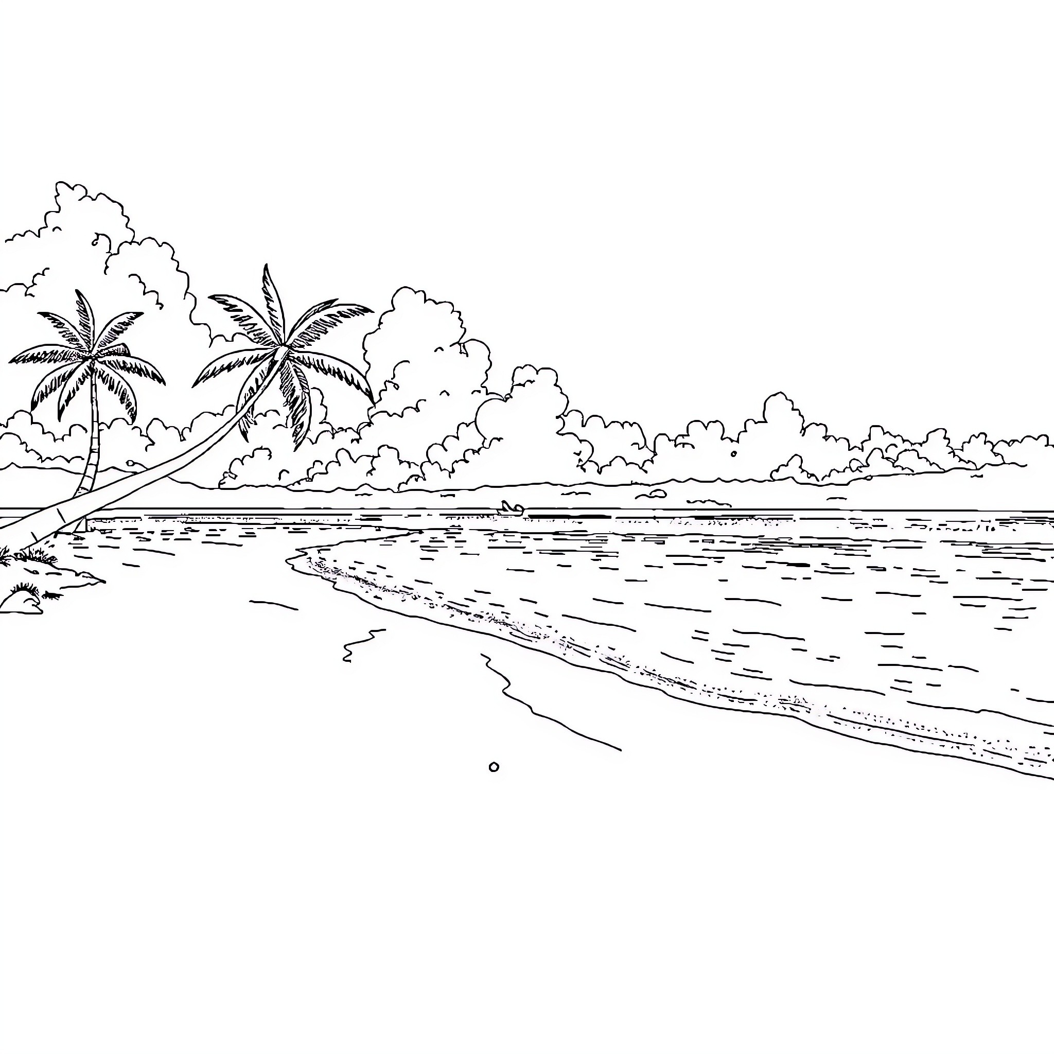 Beach scene with palm trees and cloudy sky Coloring Page (free black-and-white line drawing printable PDF for all, from beginners to advanced learners, including children, teens, adults, and seniors)