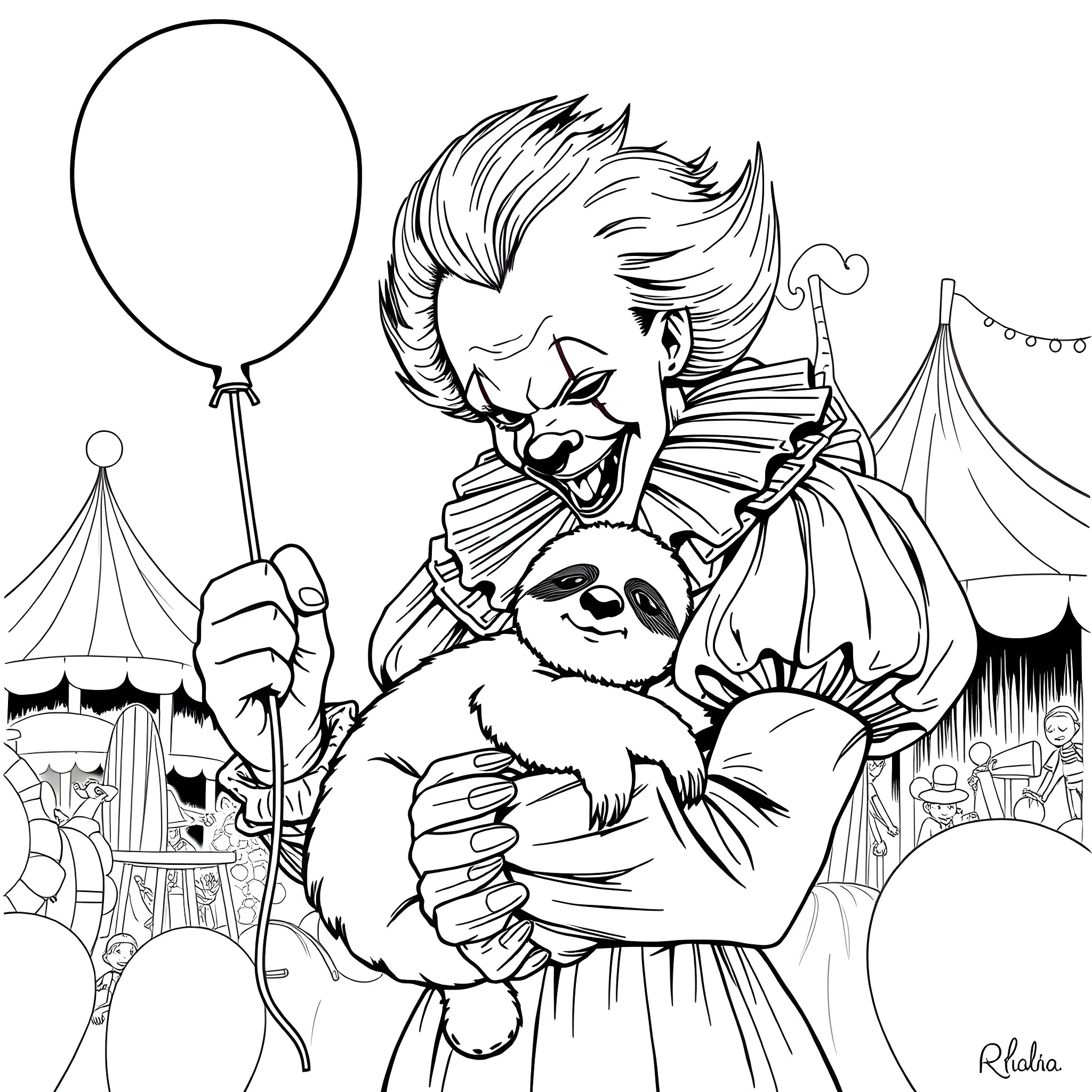 Pennywise the Clown at the Carnival with Sloth Coloring Page (free black-and-white line drawing printable PDF for all, from beginners to advanced learners, including children, teens, adults, and seniors)