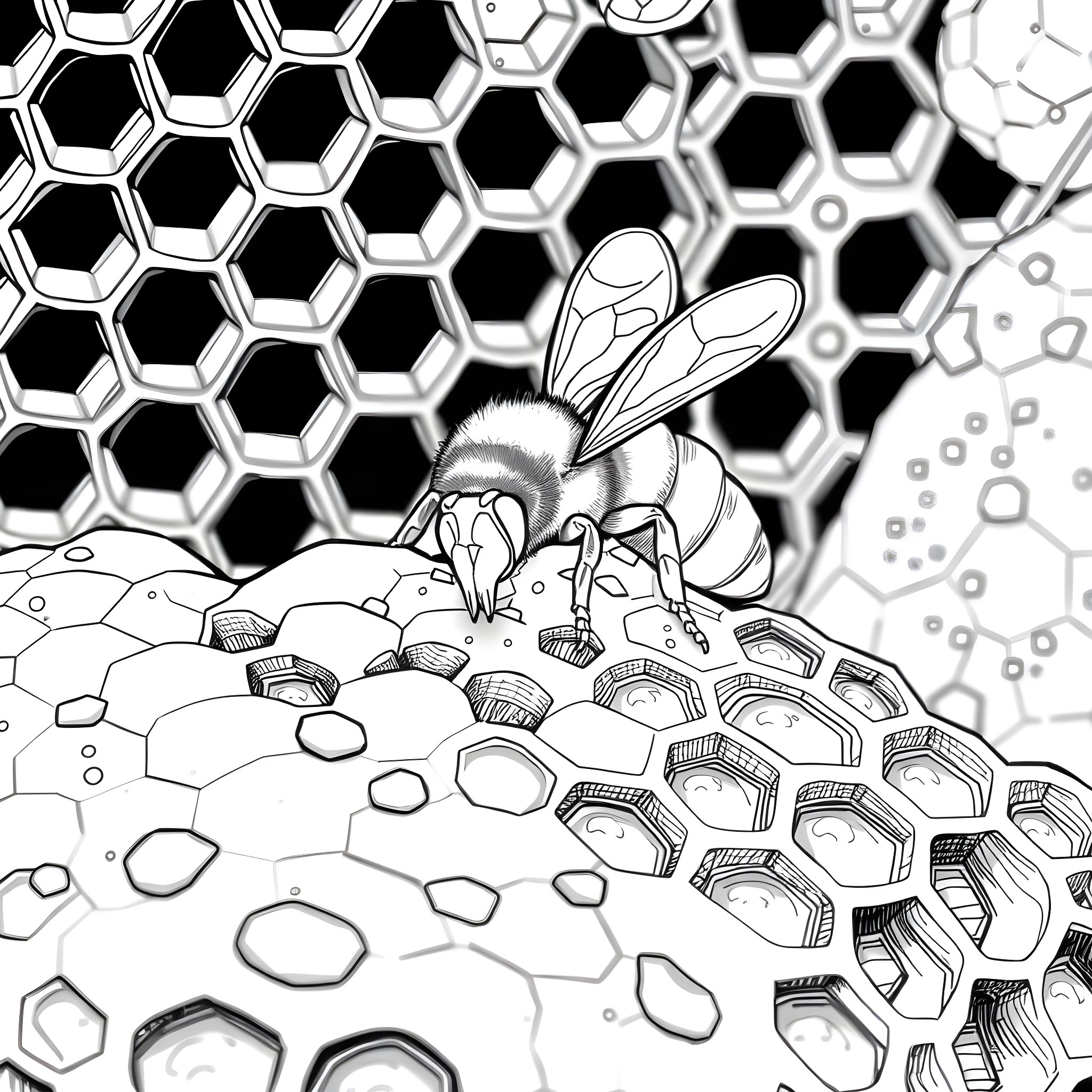 Wasp exploring complex hexagonal structures Coloring Page (free black-and-white line drawing printable PDF for all, from beginners to advanced learners, including children, teens, adults, and seniors)