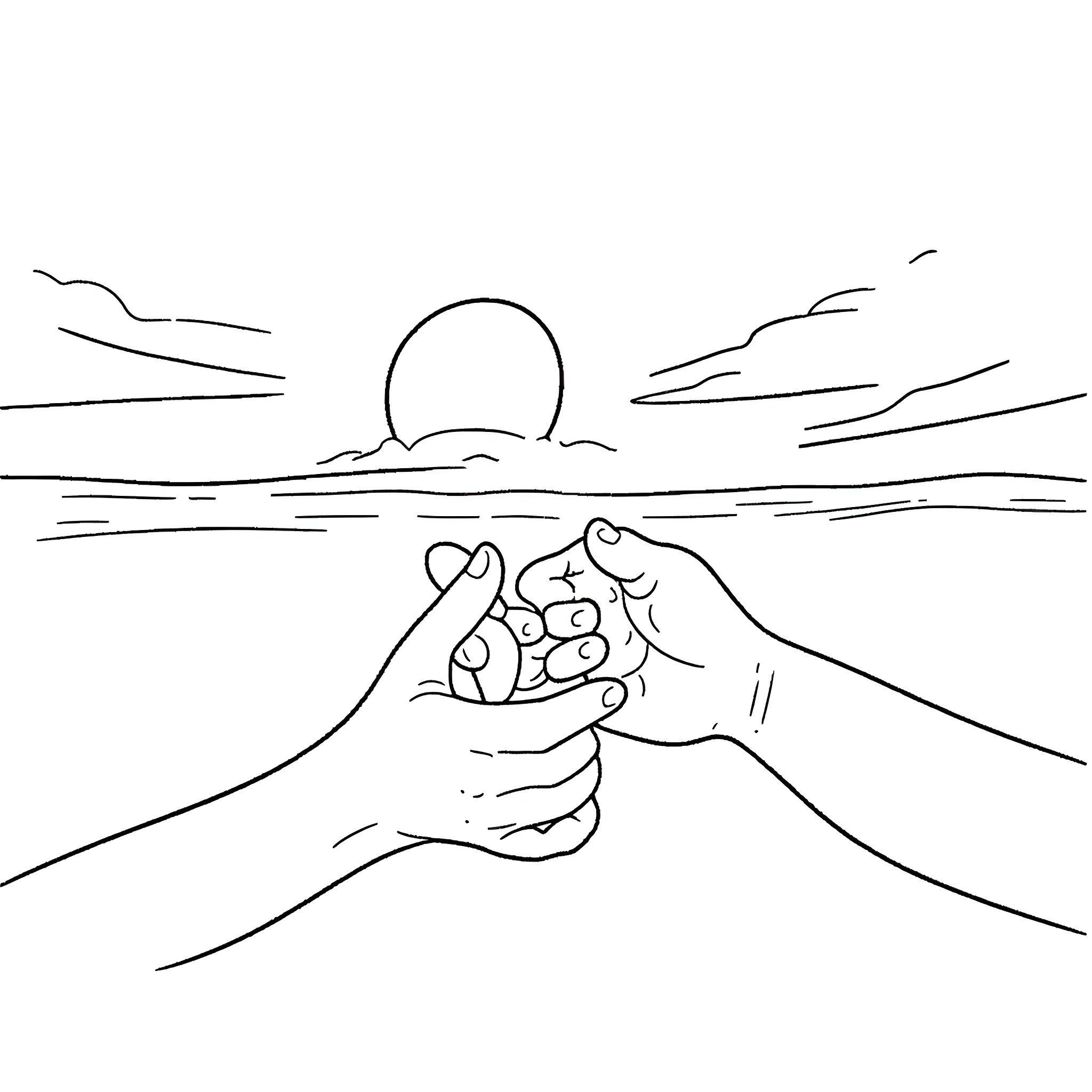 Hand Grasping Pebbles at Sunset Coloring Page (free black-and-white line drawing printable PDF for all, from beginners to advanced learners, including children, teens, adults, and seniors)