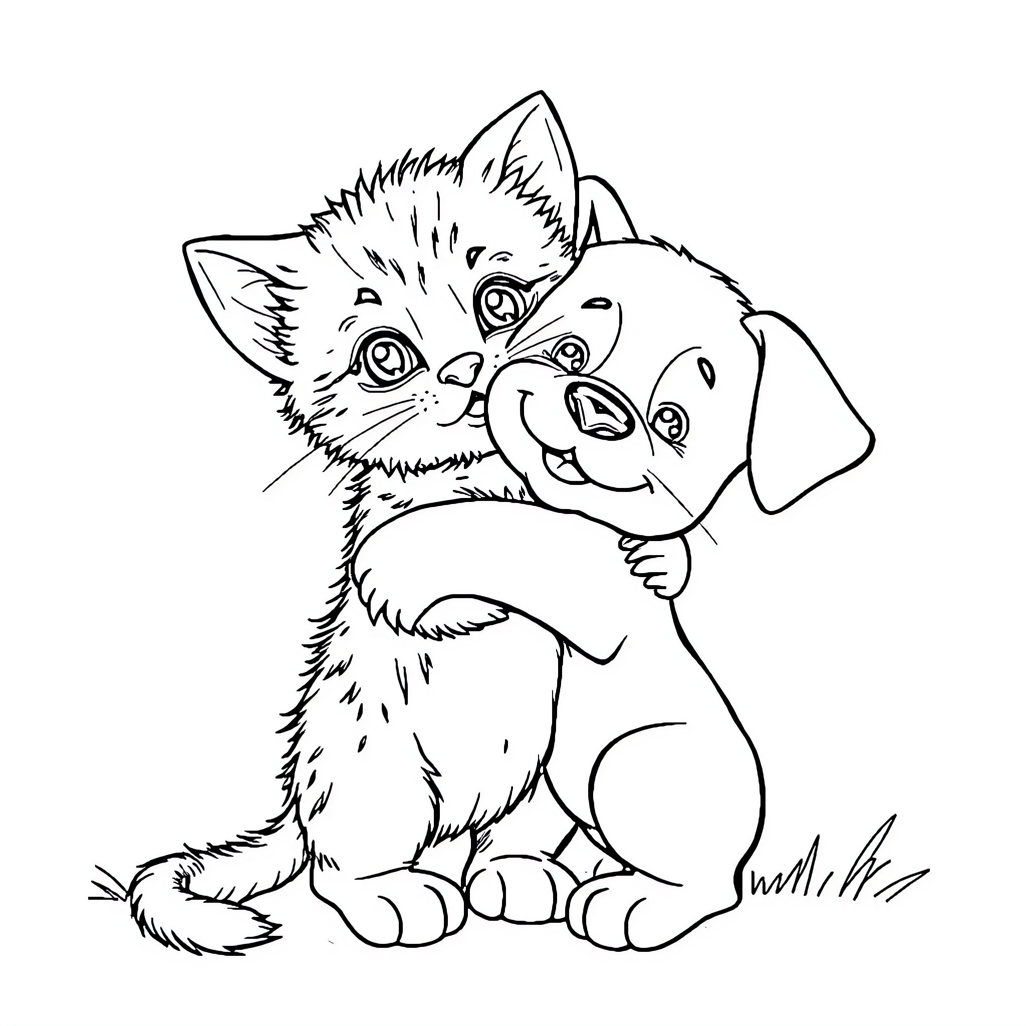 Kitten cuddling with puppy Coloring Page (free black-and-white line drawing printable PDF for all, from beginners to advanced learners, including children, teens, adults, and seniors)