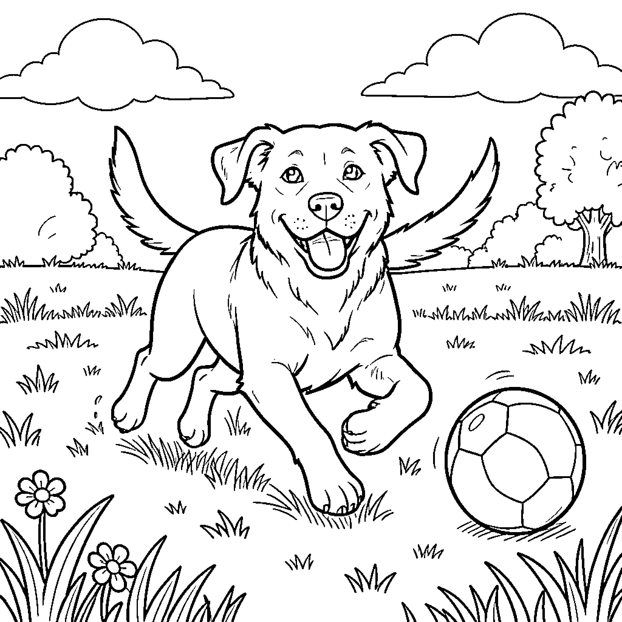Labrador happily playing with a soccer ball in the park Coloring Page (free black-and-white line drawing printable PDF for all, from beginners to advanced learners, including children, teens, adults, and seniors)