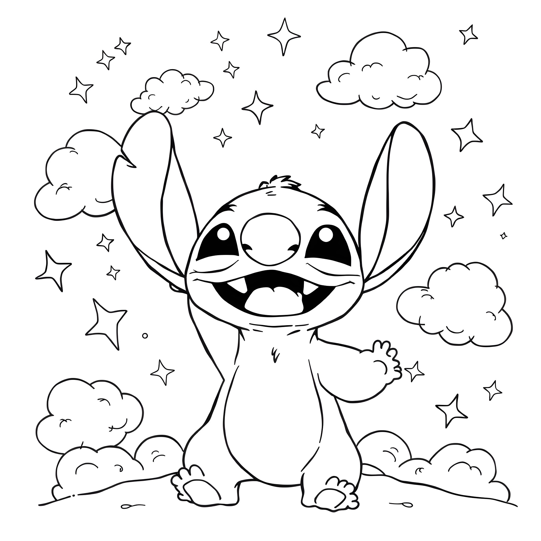 Stitch enjoying a starry night Coloring Page (free black-and-white line drawing printable PDF for all, from beginners to advanced learners, including children, teens, adults, and seniors)