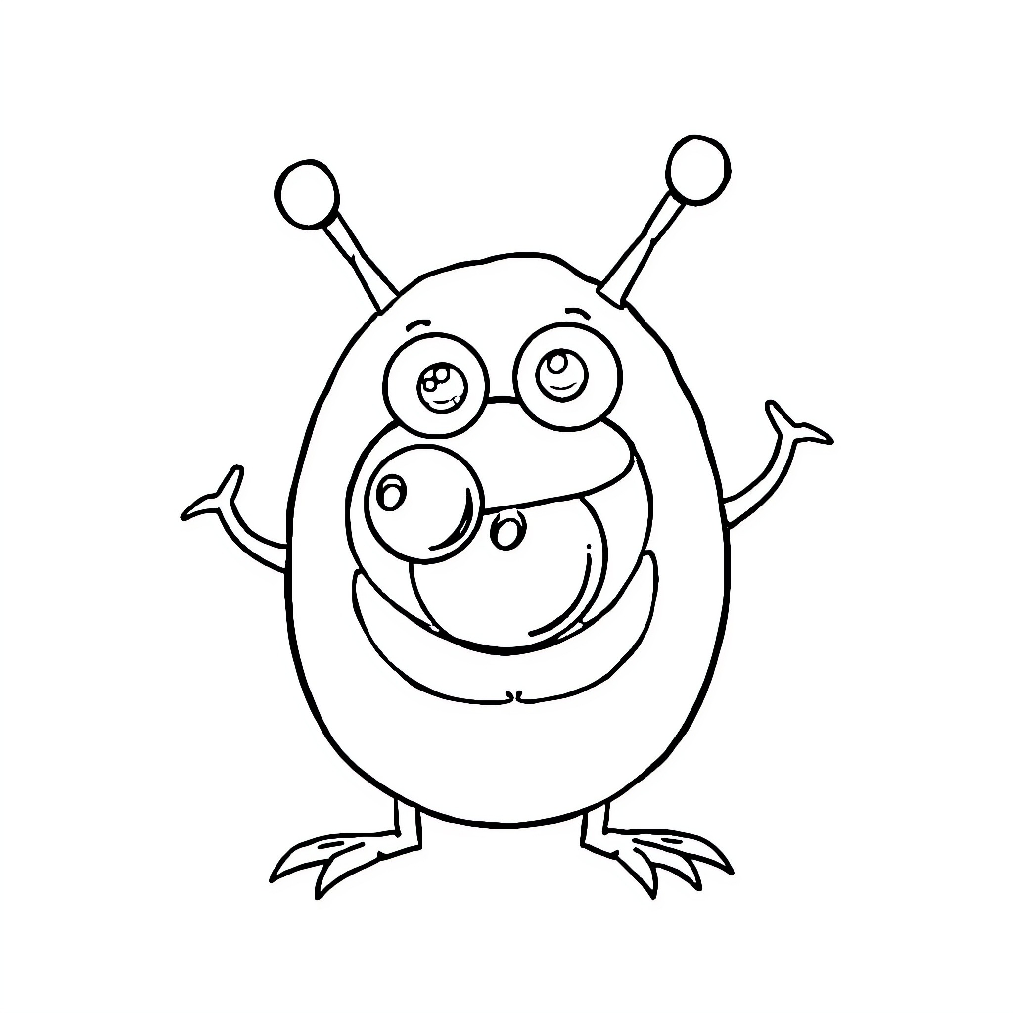 Deviled Egg Alien Creature with Silly Expression Coloring Page (free black-and-white line drawing printable PDF for all, from beginners to advanced learners, including children, teens, adults, and seniors)