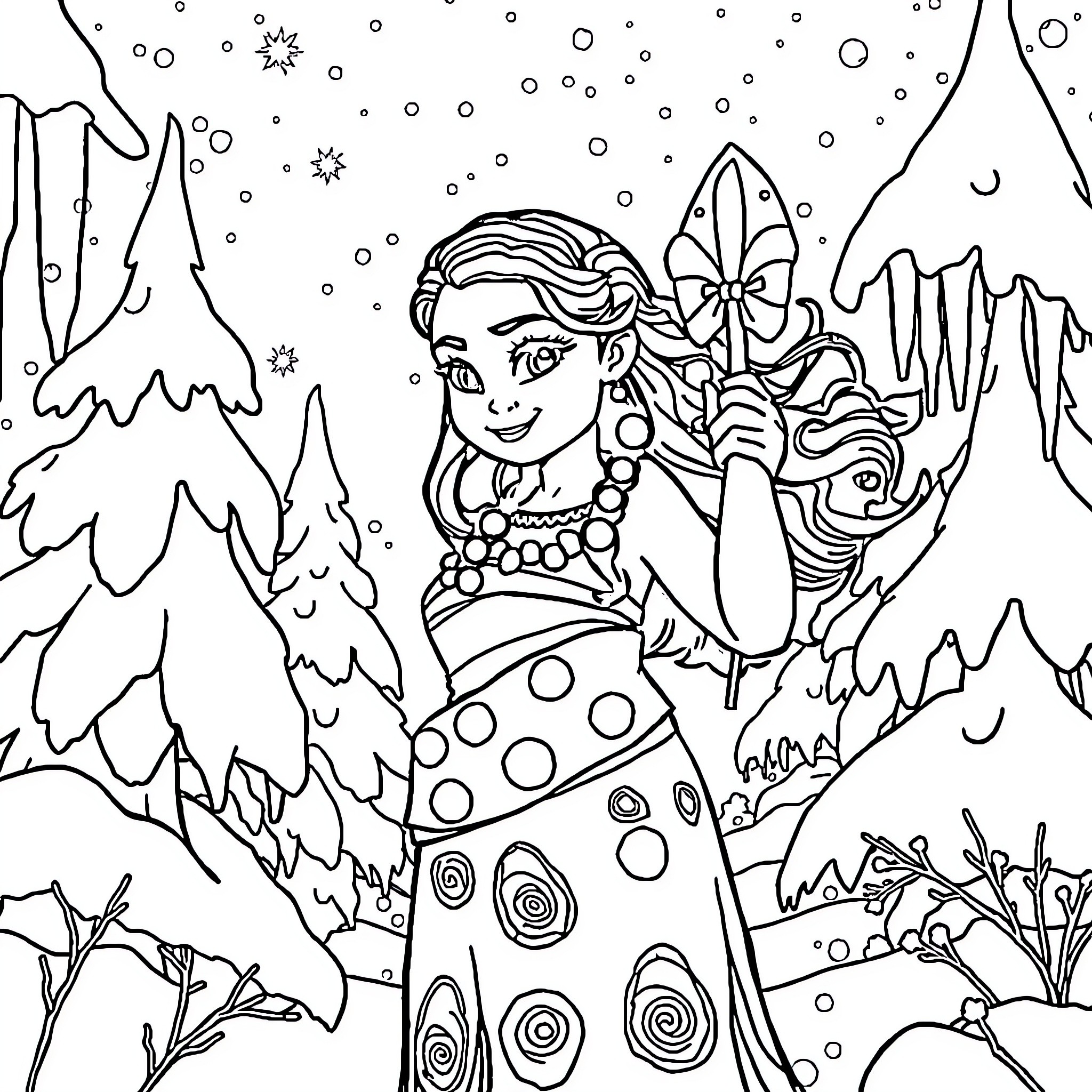 Moana explores the enchanted winter wonderland Coloring Page (free black-and-white line drawing printable PDF for all, from beginners to advanced learners, including children, teens, adults, and seniors)