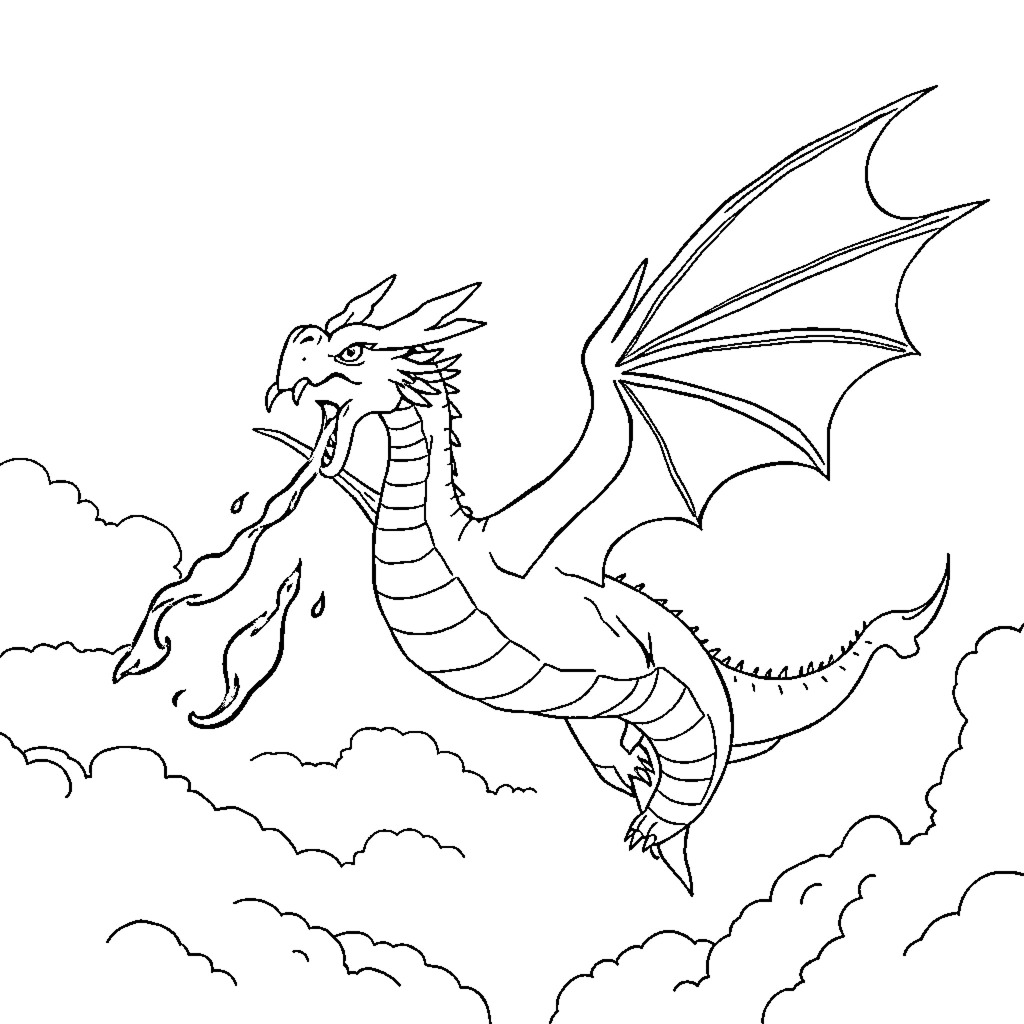 Dragon breathing fire in the cloudy sky Coloring Page (free black-and-white line drawing printable PDF for all, from beginners to advanced learners, including children, teens, adults, and seniors)