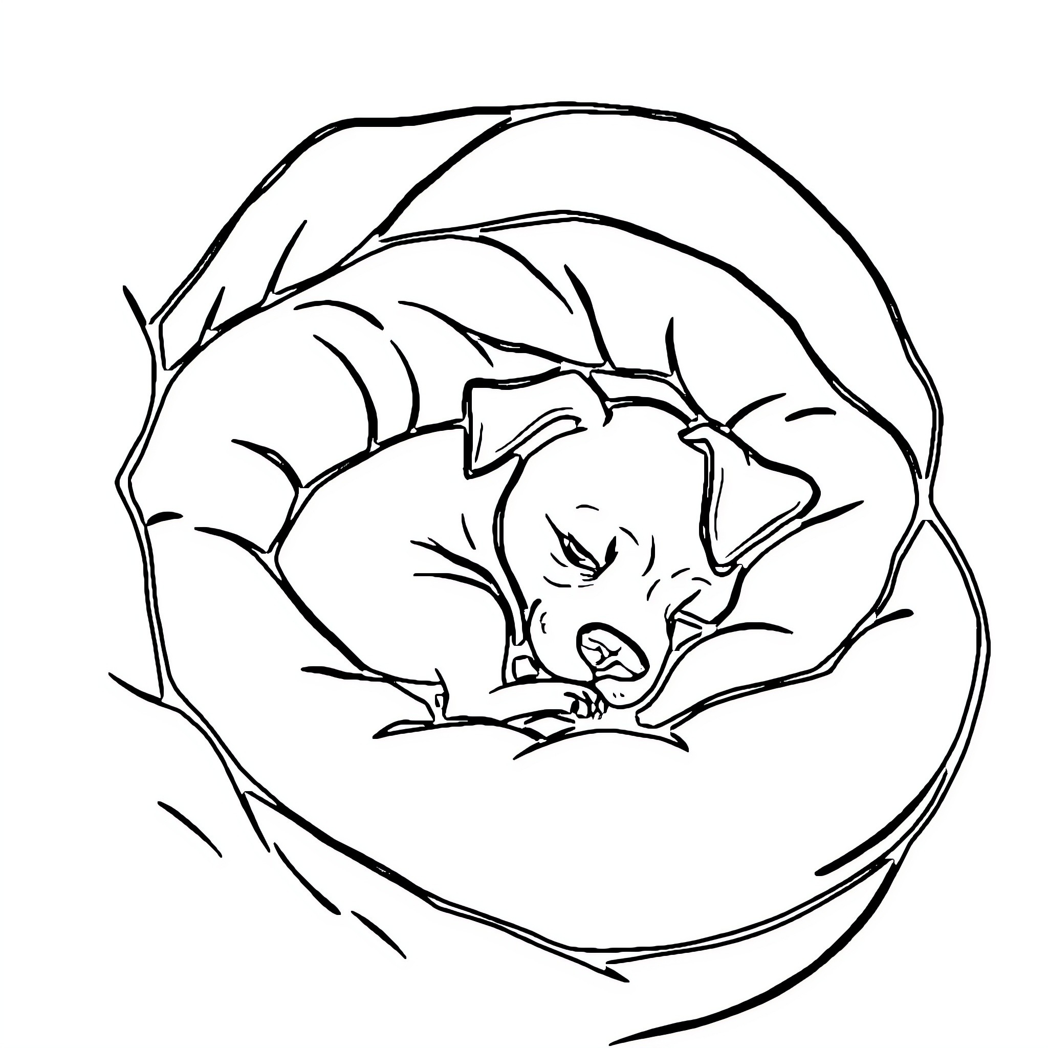 Dog sleeping peacefully in a cozy nest Coloring Page (free black-and-white line drawing printable PDF for all, from beginners to advanced learners, including children, teens, adults, and seniors)