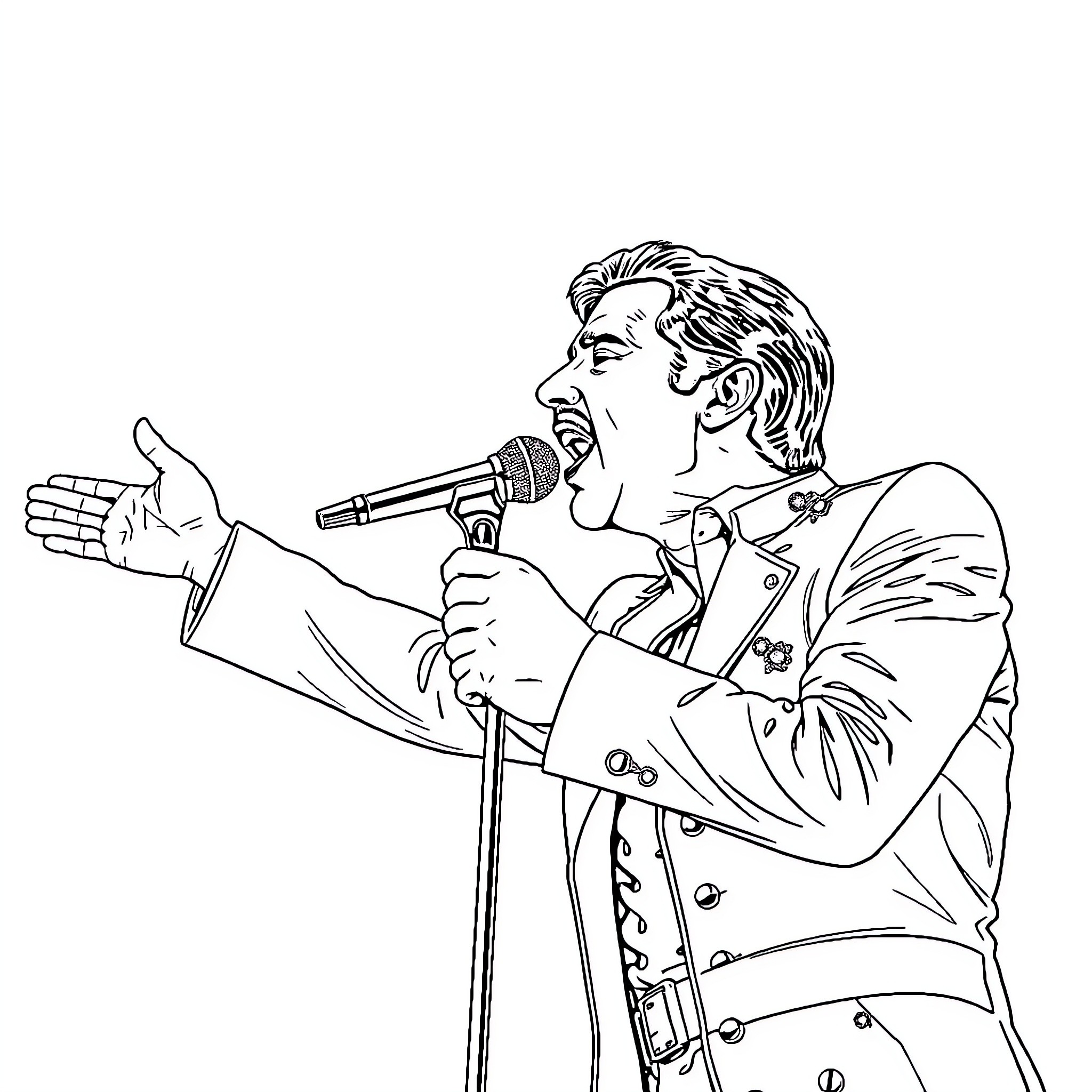 Freddie Mercury Performing Energetically on Stage Coloring Page (free black-and-white line drawing printable PDF for all, from beginners to advanced learners, including children, teens, adults, and seniors)