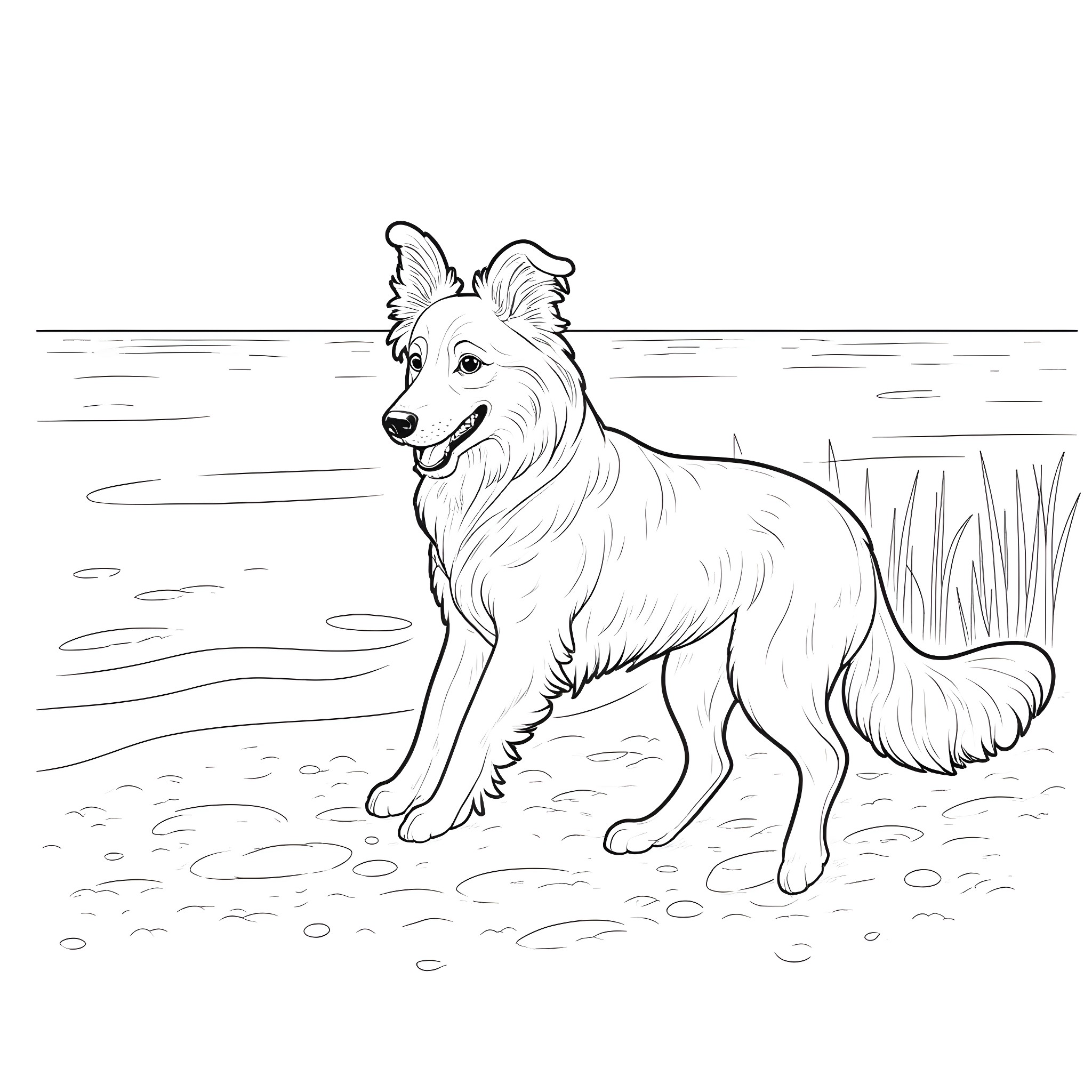 Australian Shepherd exploring the outdoors Coloring Page (free black-and-white line drawing printable PDF for all, from beginners to advanced learners, including children, teens, adults, and seniors)