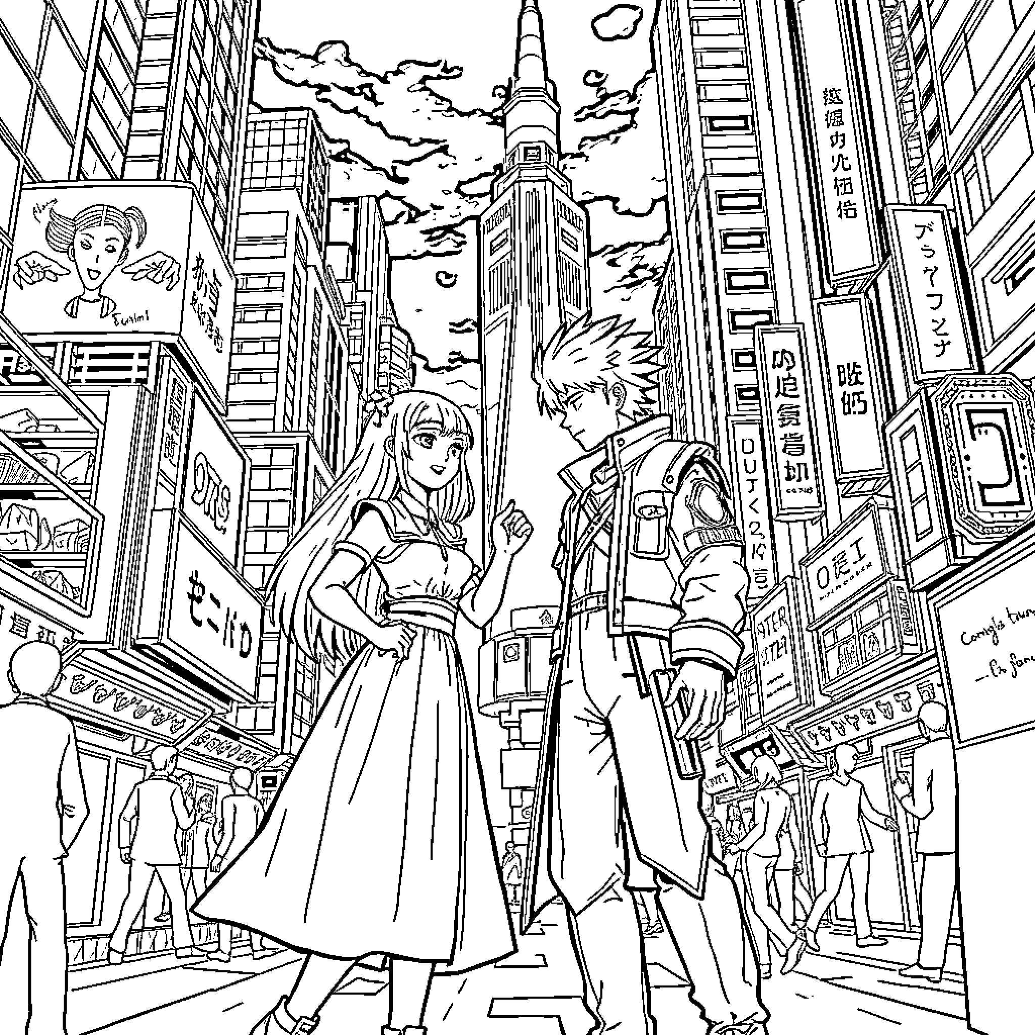 Rumi's Lively Adventure in the City Coloring Page (free black-and-white line drawing printable PDF for all, from beginners to advanced learners, including children, teens, adults, and seniors)