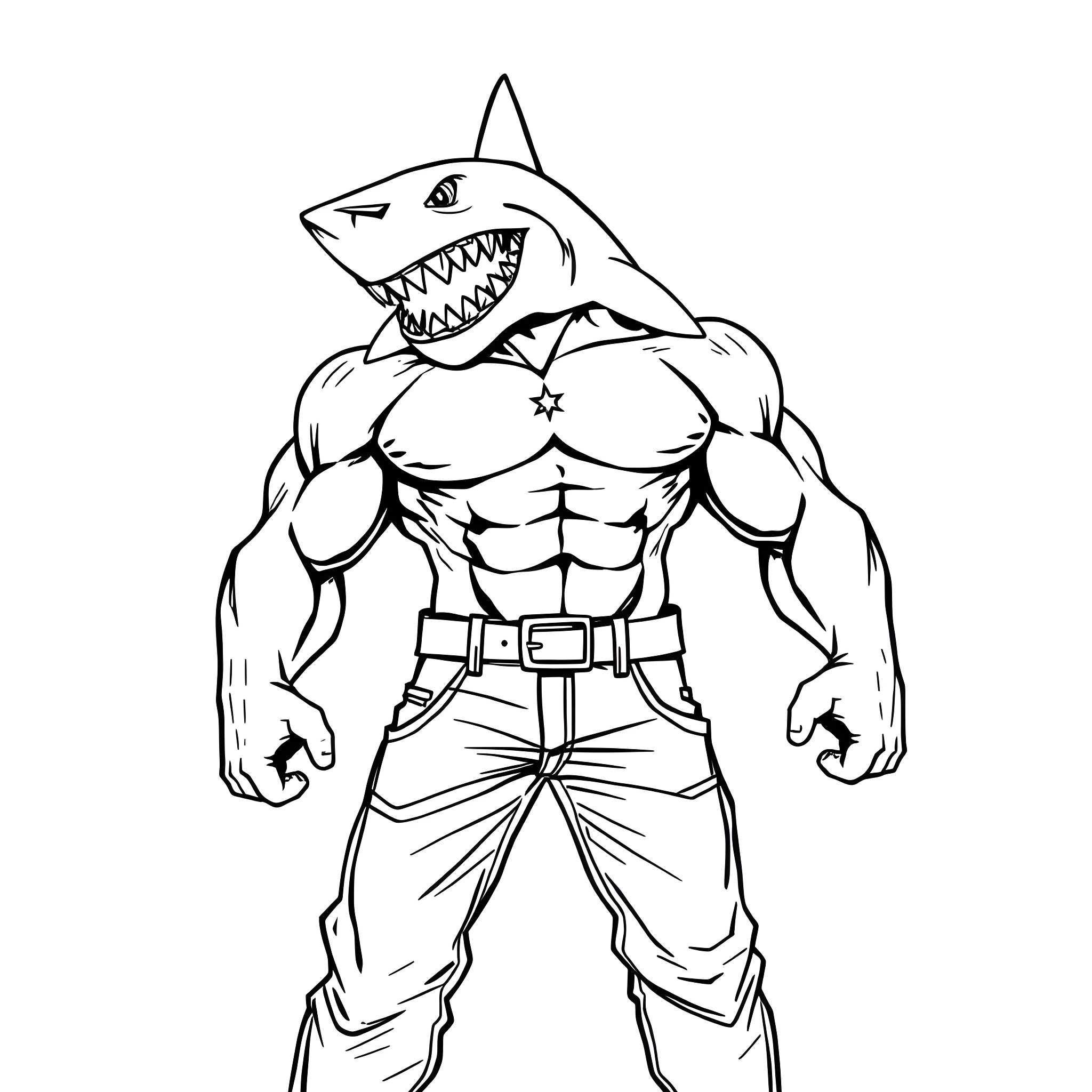Shark-like muscular superhero character Coloring Page (free black-and-white line drawing printable PDF for all, from beginners to advanced learners, including children, teens, adults, and seniors)